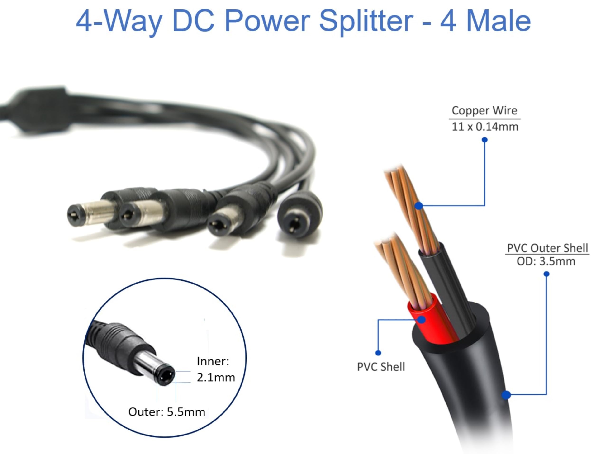 Soltech 4Way Dc Power Supply Splitter For Security Cameras 1 Female To 4 Male 5.5 * 2.1Mm 4 Channel Y Adaptor For 12V Cctv Surve
