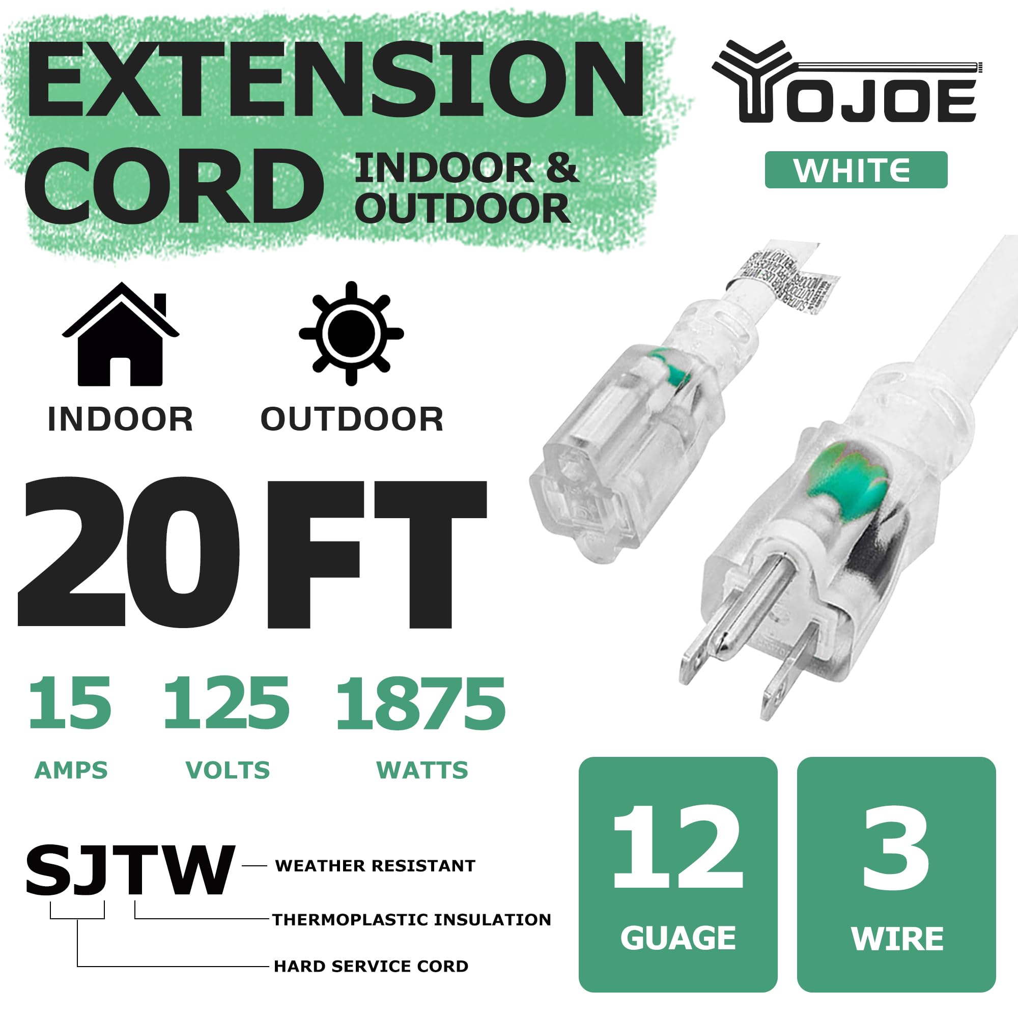 Yojoe Indoor Outdoor Extension Cord With Lighted End, 3 Prong 15A Weatherproof Power Extension Cord, 12 Gauge Heavy Duty 20 Ft W