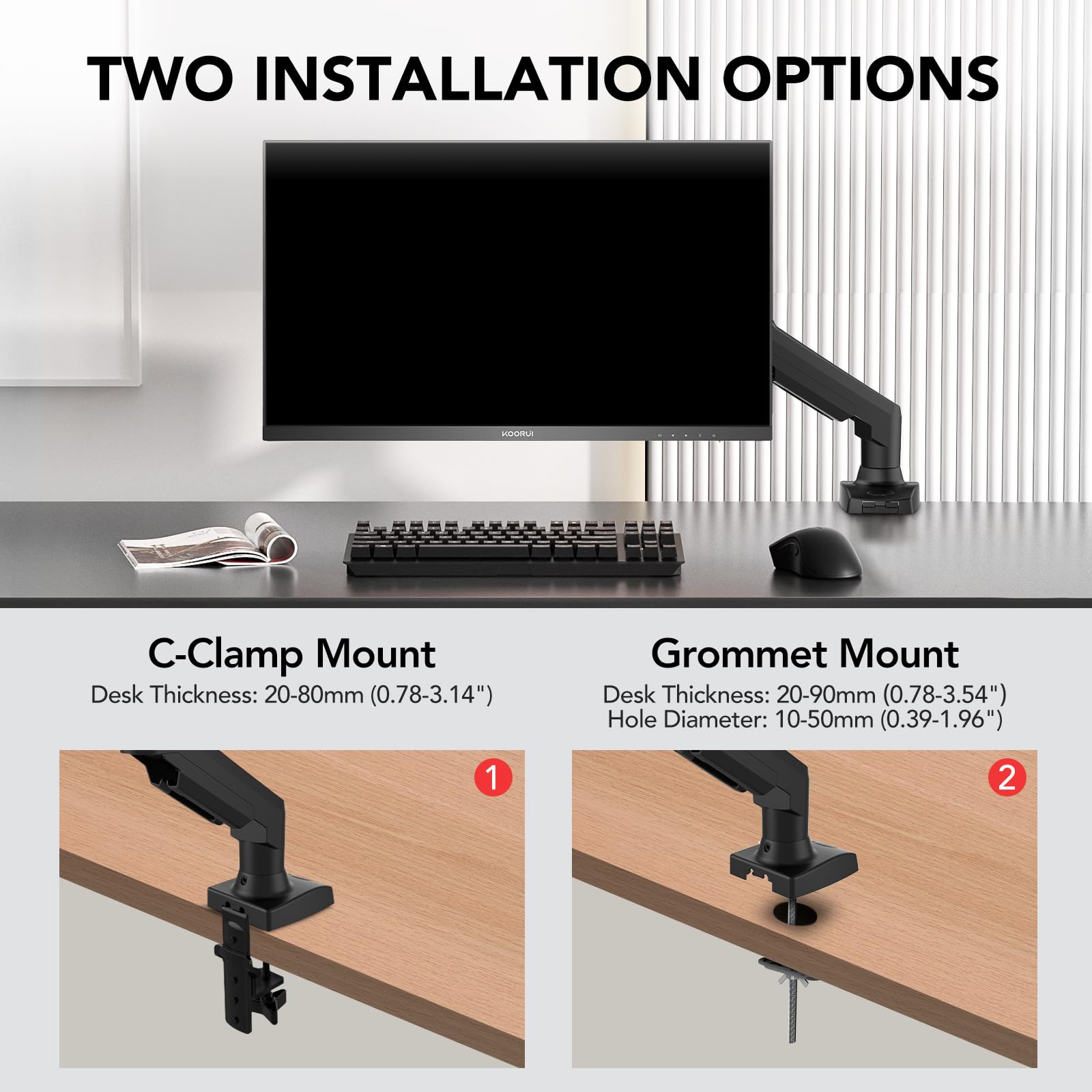 Koorui Single Monitor Mount, Rotation, Swivel, Tilt, Adjustable Gas Spring Monitor Arm Fits 17 32Inch, 4.4 19.8Lbs Monitor, Monitor Stand For Desk With C Clamp/Grommet Mounting Base