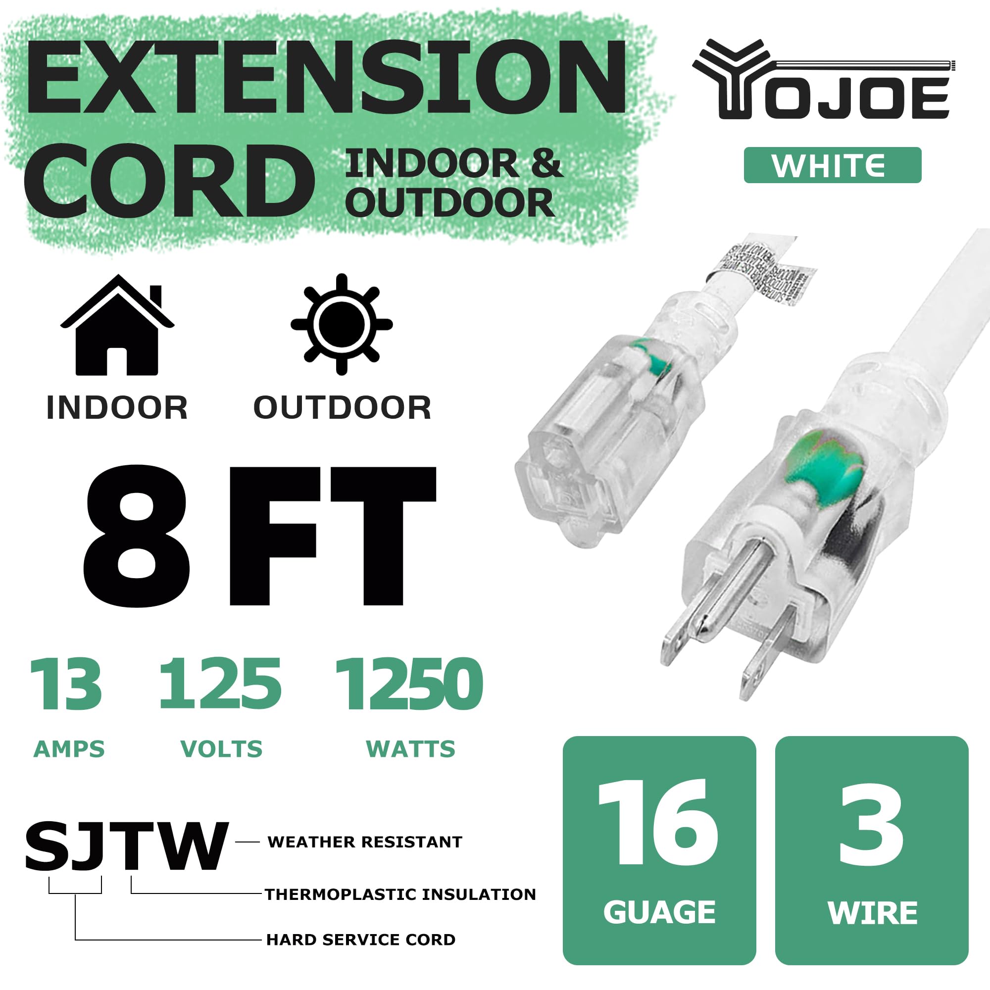 Yojoe Indoor Outdoor Extension Cord With Lighted End, 3 Prong 13A Weatherproof Power Extension Cord, 16 Gauge Heavy Duty 8 Ft Wh