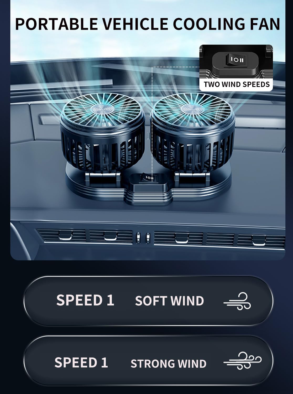 Hiakkapp X Portable Dual Head USB Car Fan 360° Rotation 2 Speed Plastic Black