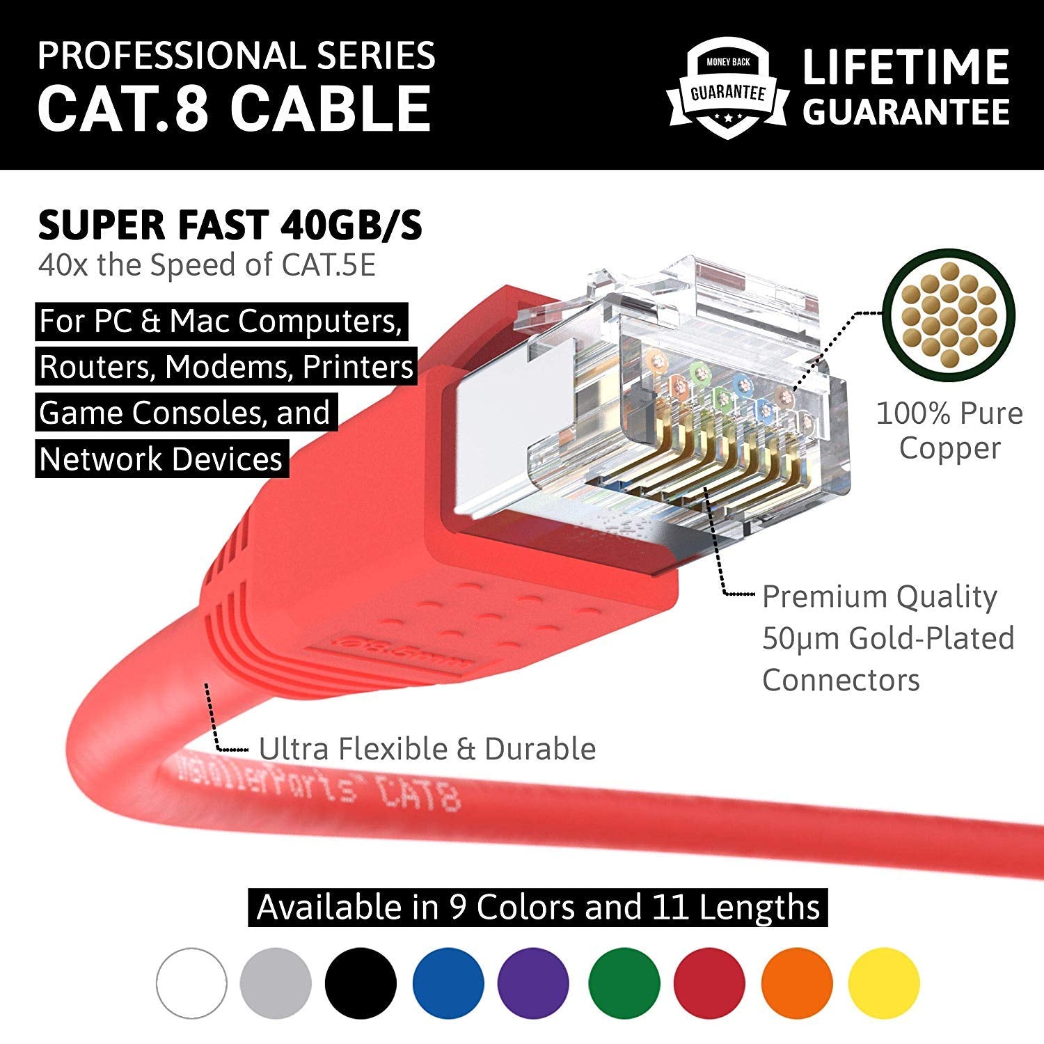 Installerparts Ethernet Cable Cat8 Cable 3 Ft   Red   Professional Series   40Gigabit/Sec Network/High Speed Internet Cable For
