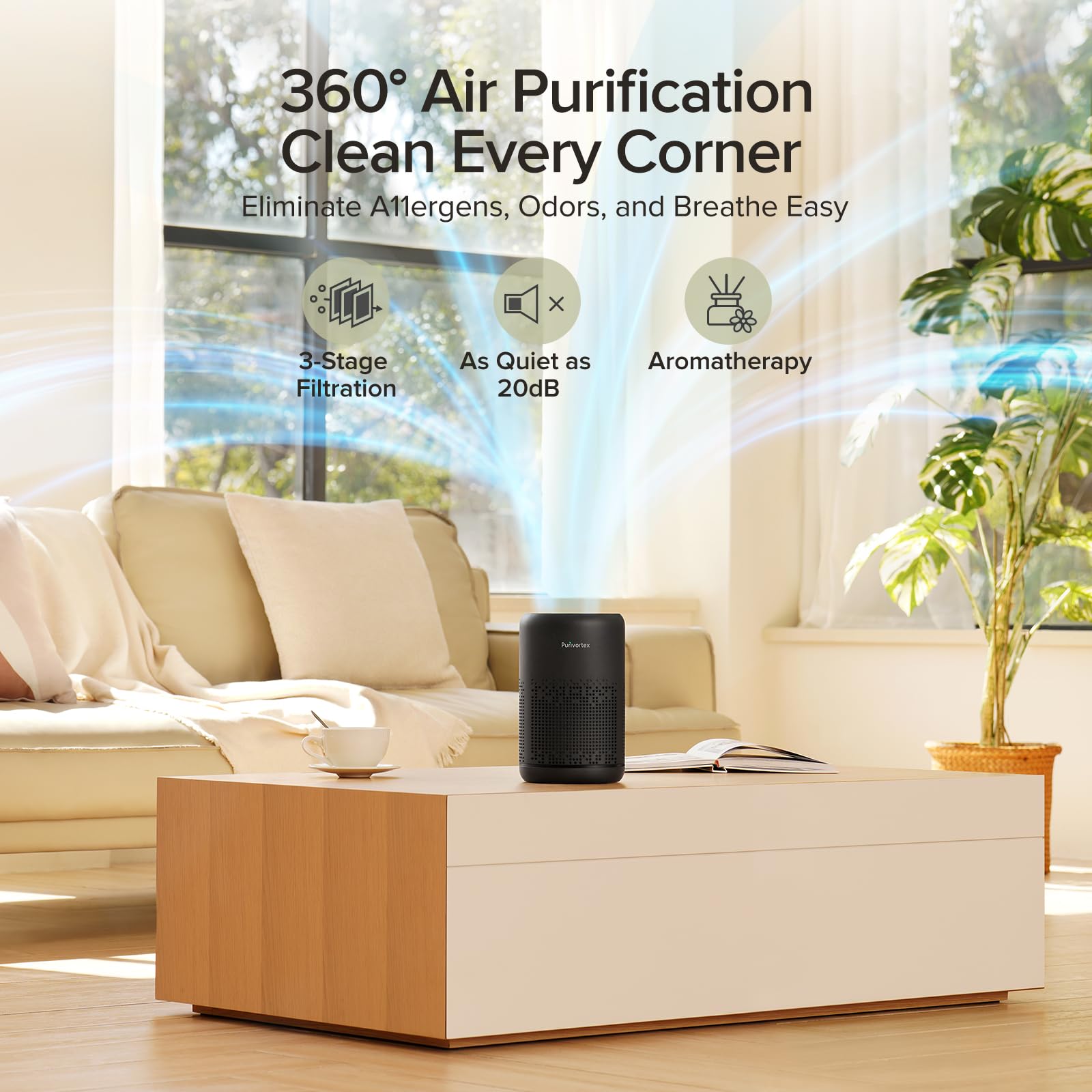 Purivortex HEPA Air Purifier AC300 - Black, Portable, Filters Smoke, Dander & Odors, with Sleep Mode & Fragrance Sponge