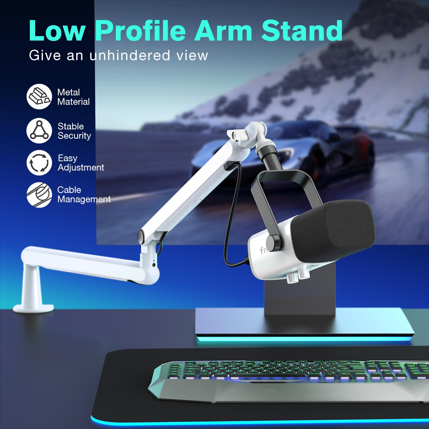 Fifine Boom Arm Mic Stand, Low Profile Microphone Arm Stand, Podcast Mic Boom Arm With Desk Mount, Cable Channels Management, Me