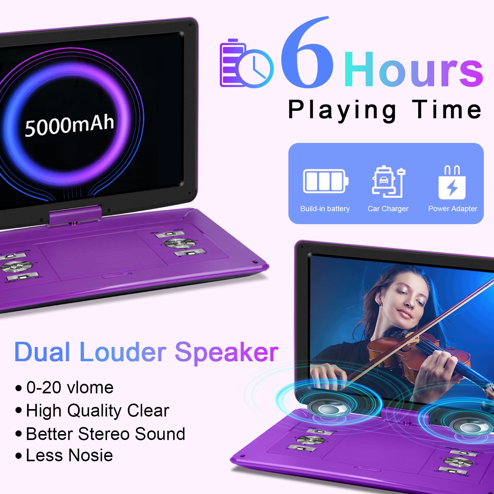 17.5'' Portable Dvd Player With 15.6'' Large Hd Screen, 6 Hours Rechargeable Battery, Support Usb/Sd Card/Sync Tv, Multiple Disc