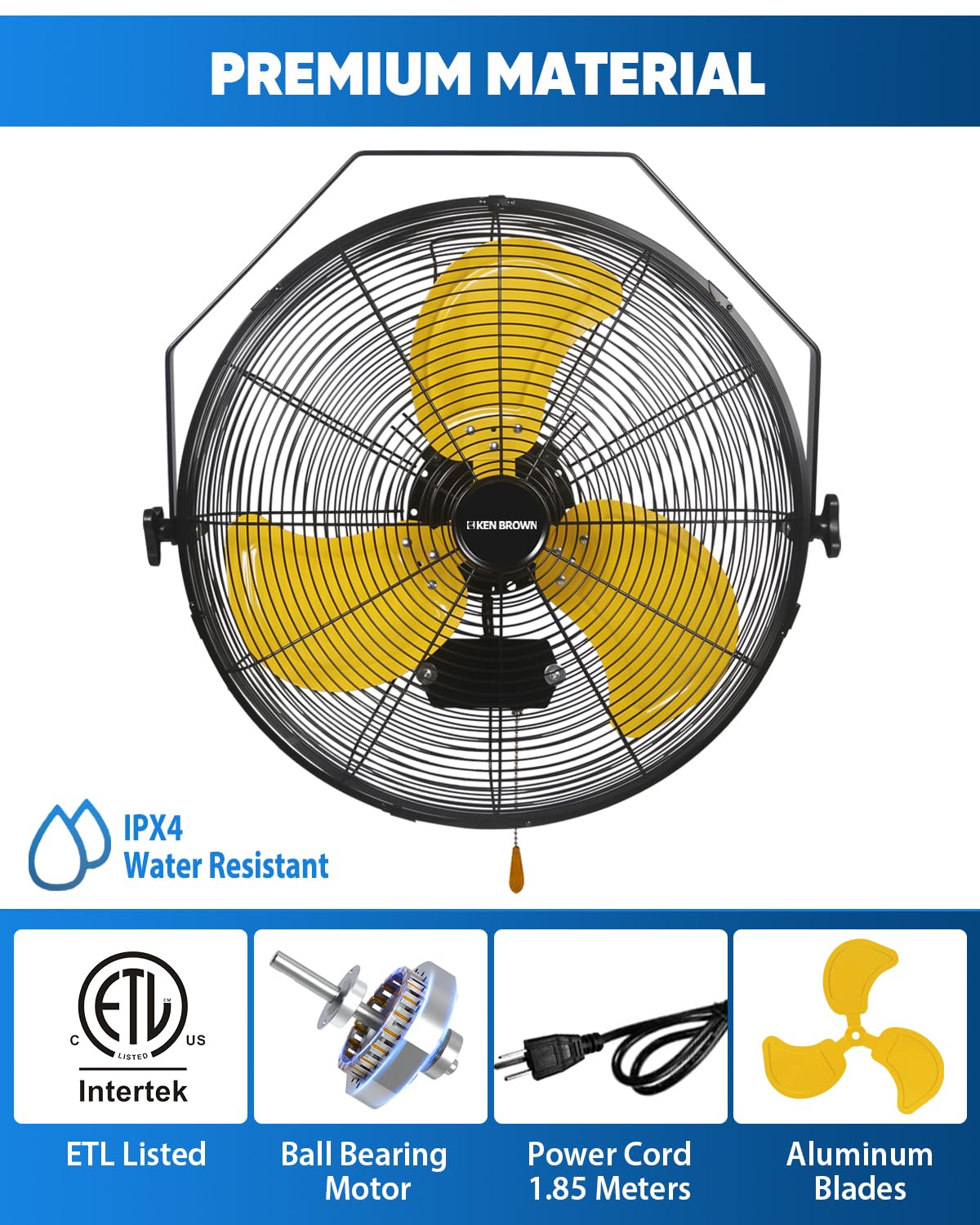 Ken Brown 20 Inch Outdoor Wall Mount Fan, 3-Speed Ipx4 Waterproof, Max. 4,650 Cfm Wall Mounted Fan For Outdoor, Commercial, Resi