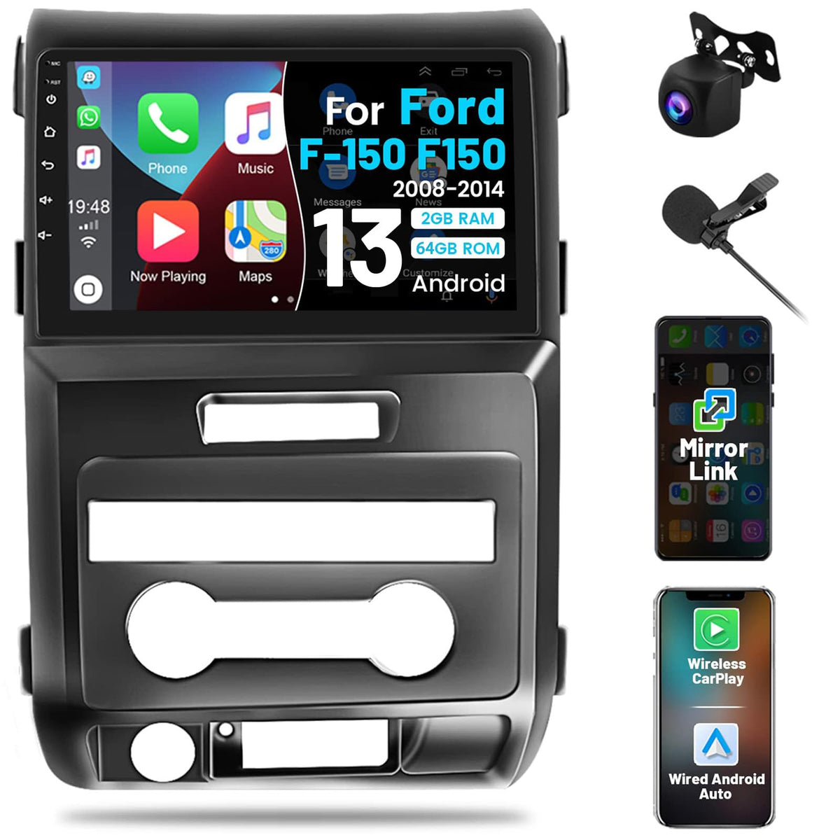 Roinvou 2+64G Android Car Stereo For Ford F 150 F150 2009 2012, 9'' Touchscreen In Dash Gps Navigation With Wireless Carplay And