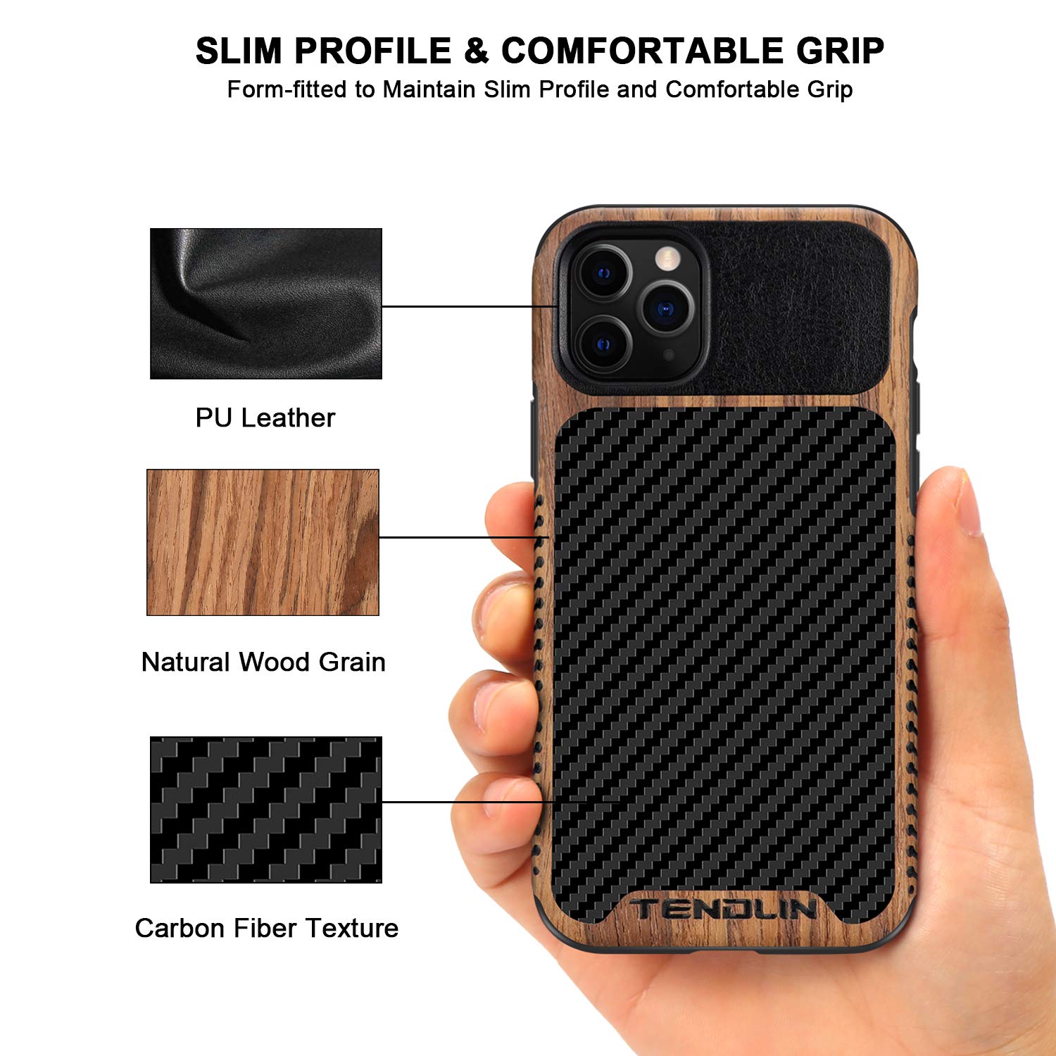 Tendlin Compatible With Iphone 11 Pro Max Case Wood Grain With Carbon Fiber Texture Design Leather Hybrid Case