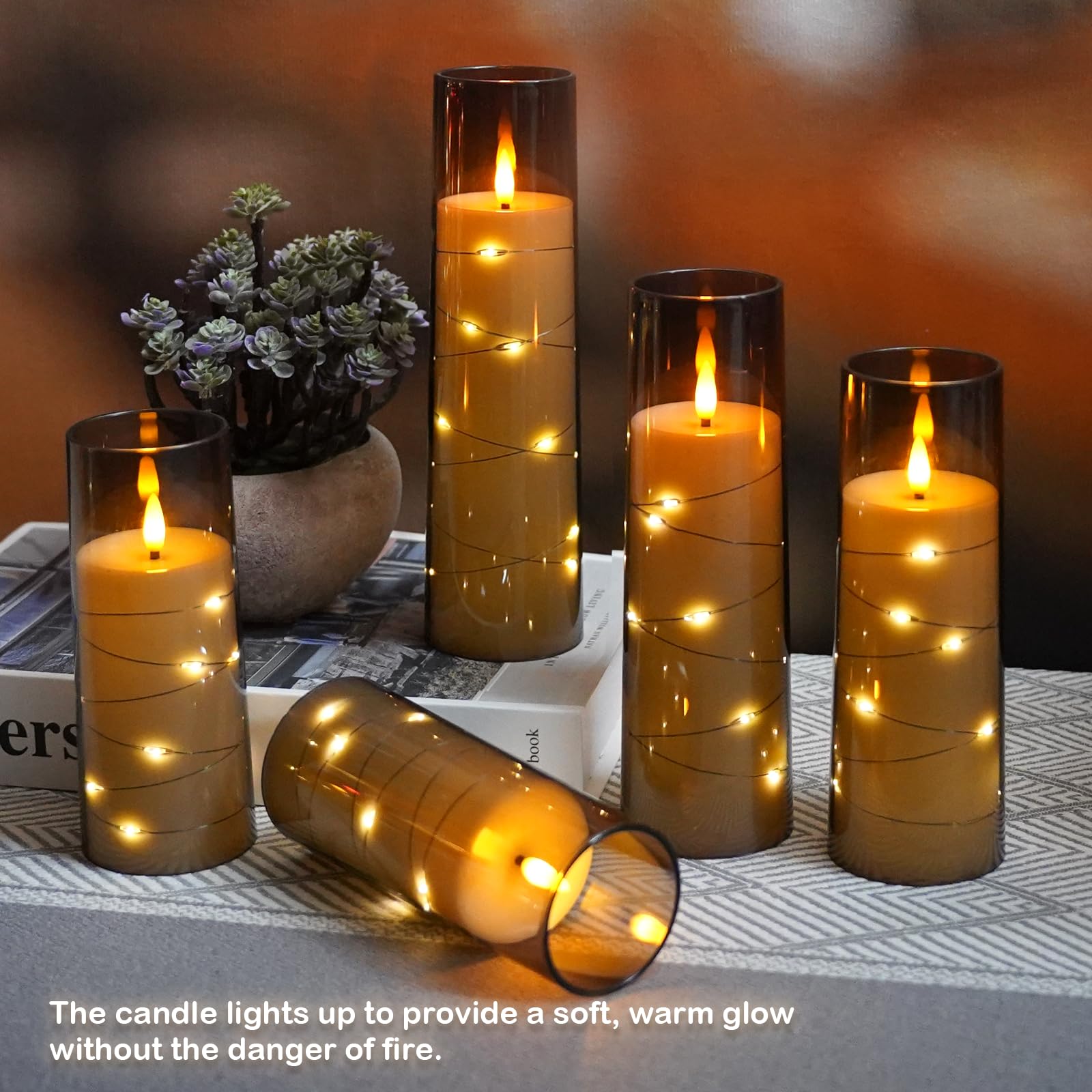 Obrldpao Flameless Candles Battery Operated,5 Pcs Acrylic Flickering Led Candles With Remote,With Embedded Star String Flameless