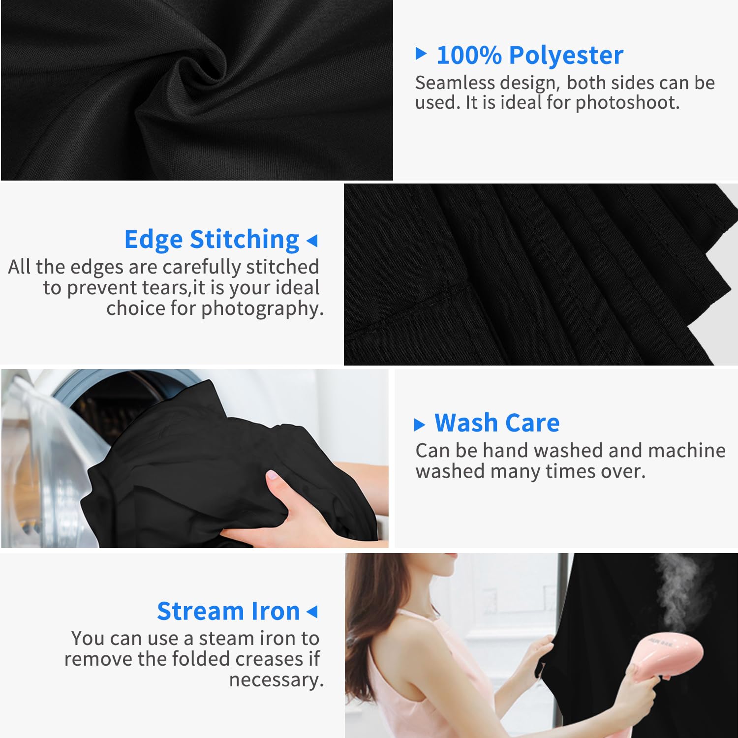 Hemmotop Black Backdrop 10X8 Ft, Black Photo Backdrops For Photoshoot, Polyester Fabric Black Background Curtain Screen Seamless