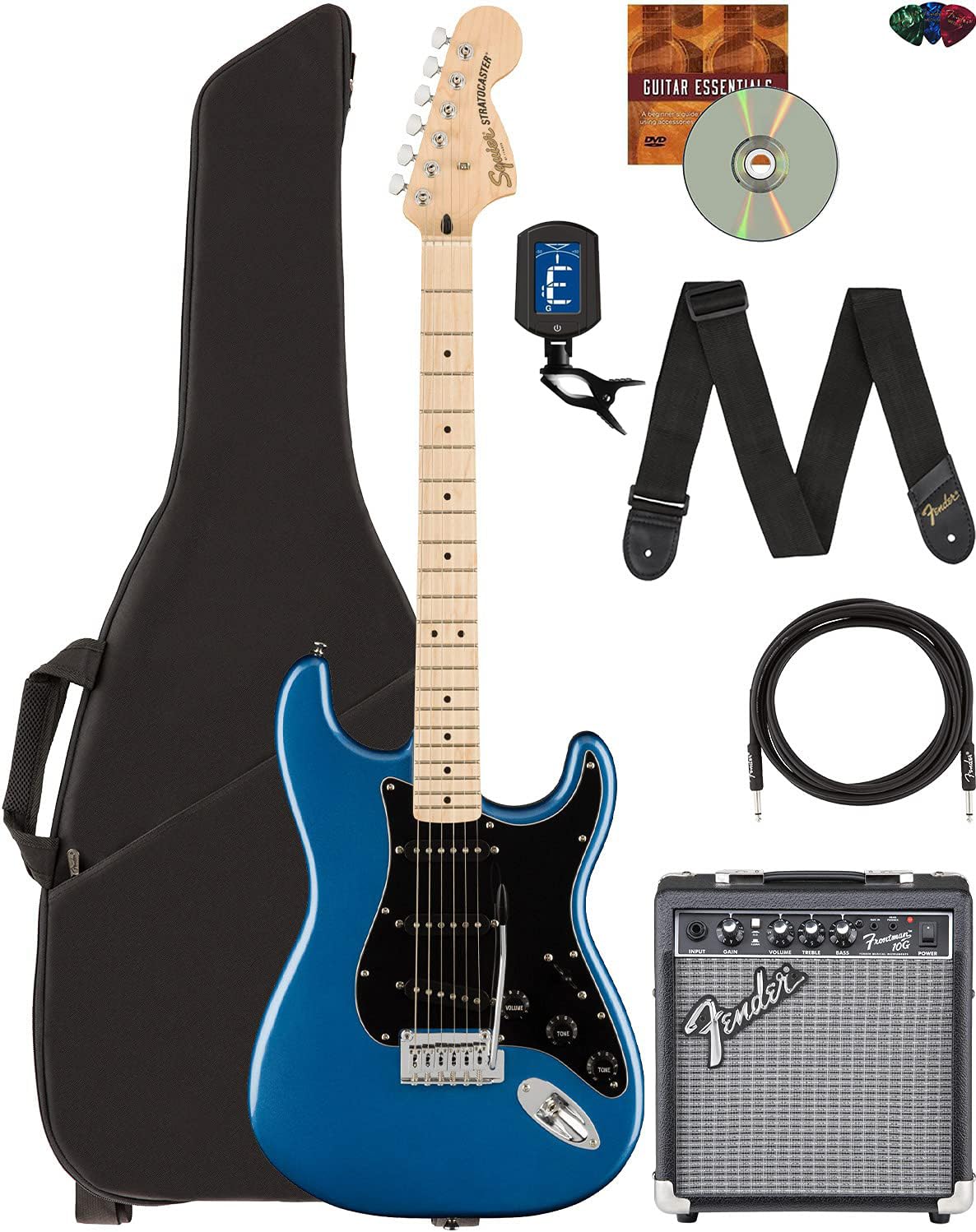 Fender Squier Affinity Stratocaster - Lake Placid Blue Bundle with Frontman 10G Amplifier, Gig Bag, Tuner, Instrument Cable, Str