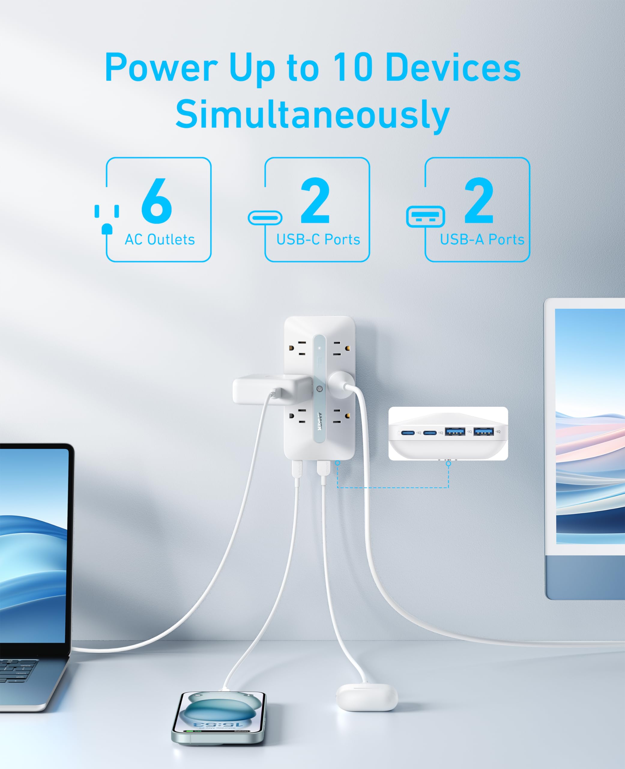 Anker Wall Charger, 300J Surge Protector, 10 In 1 Outlet Extender, 6 Ac, 2 Usb A, 2 Usb C Ports, Wide Spaced Outlets And 20W Fas