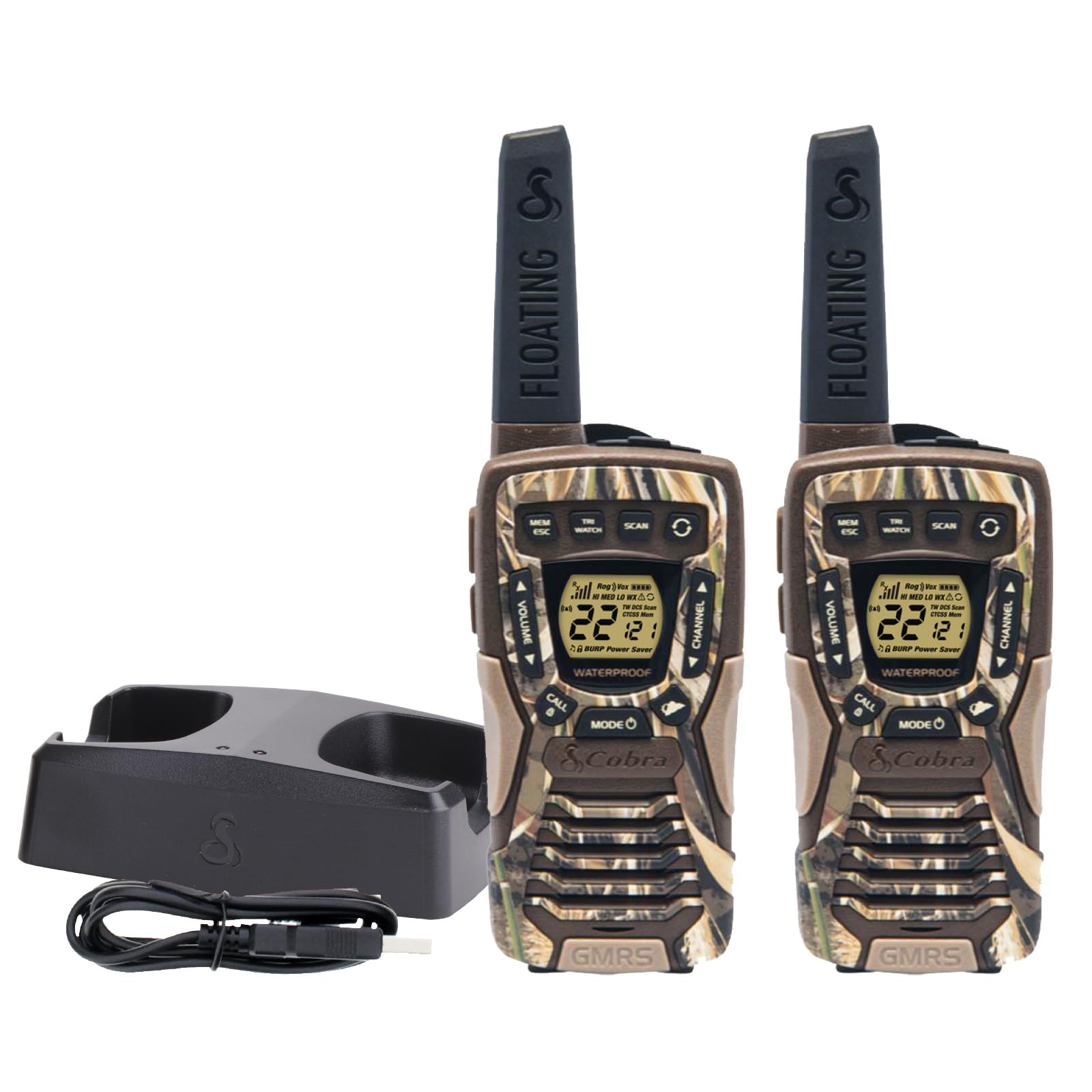 Cobra Acxt1035R Flt Camo Waterproof Walkie Talkies   Rechargeable, Floats, 22 Channels, Long Range 37 Mile Two Way Radio Set (2 Pack)
