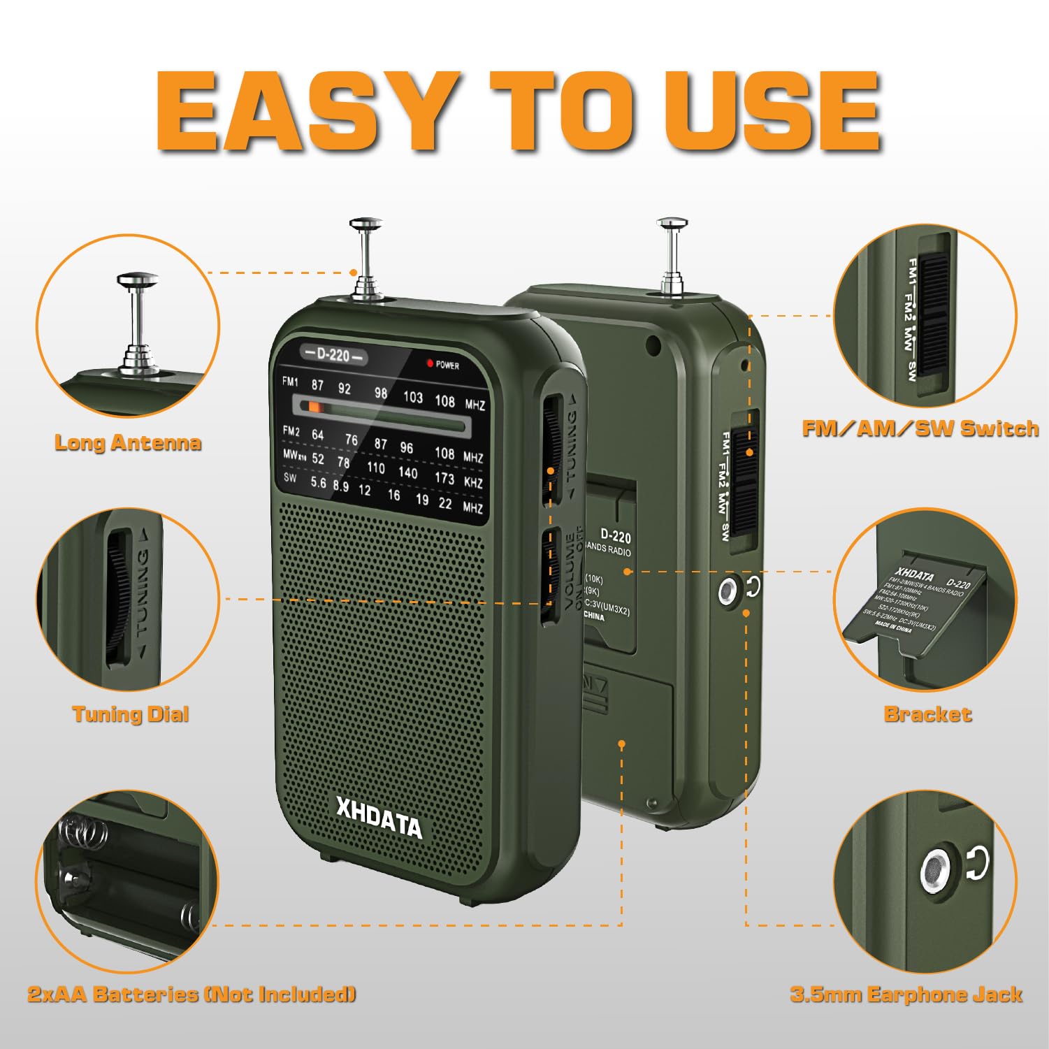 Xhdata D220 Portable Radio Am Fm Sw Radio Battery Operated Radio, Shortwave Radio With Headphone Jack, Excellent Reception Trans