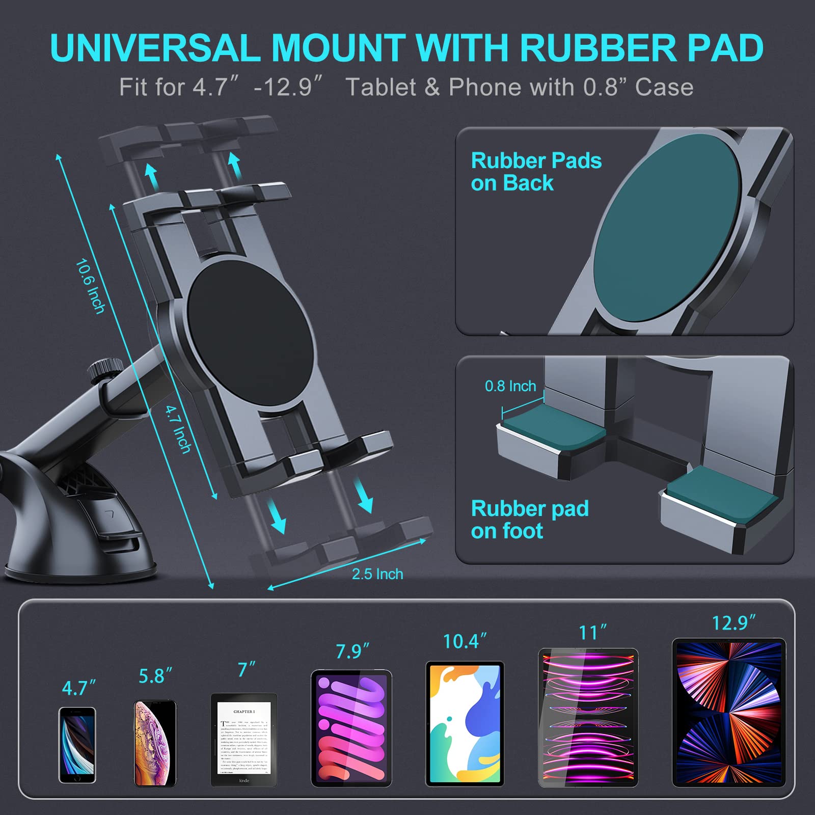 Dashboard & Windshield Car Tablet Mount Holder, 360 Rotatable Suction Cup Window Dash Phone Stand For Ipad Pro 12.9/9.7/11/10.5/