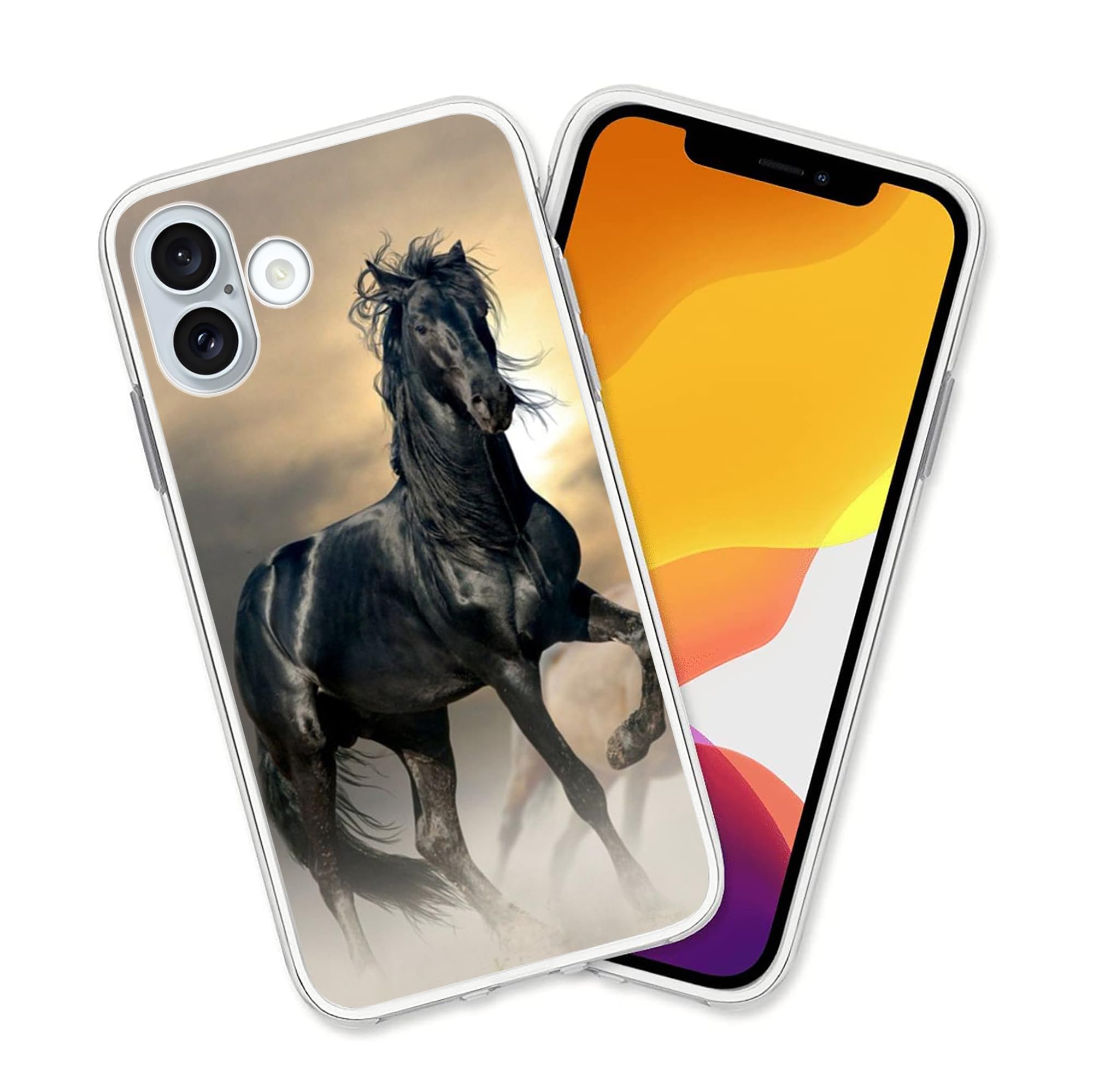 Hanlinzhiya Compatible With Iphone 16 Case, Black Horse Cool Animal Horse Design Drop Protection Slim Shockproof Tpu Clear Case 