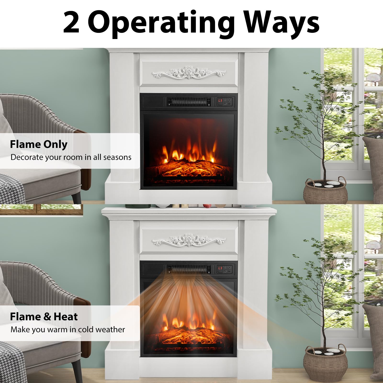 Costway 32 Inch Electric Fireplace With Mantel, 1400W Freestanding Fireplace Heater With Remote Control, Thermostat, 6H Timer, A