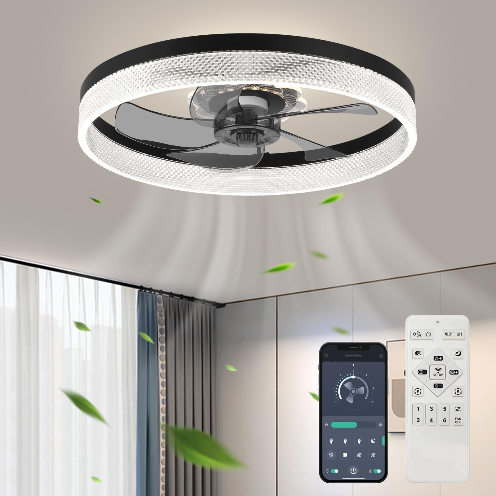 Fszdorj 20? Ceiling Fan with Light, Upgraded Low Profile Fan, Flush Mount Ceiling Fan, 6 Speeds, Dimmable LED, App & Remote Cont