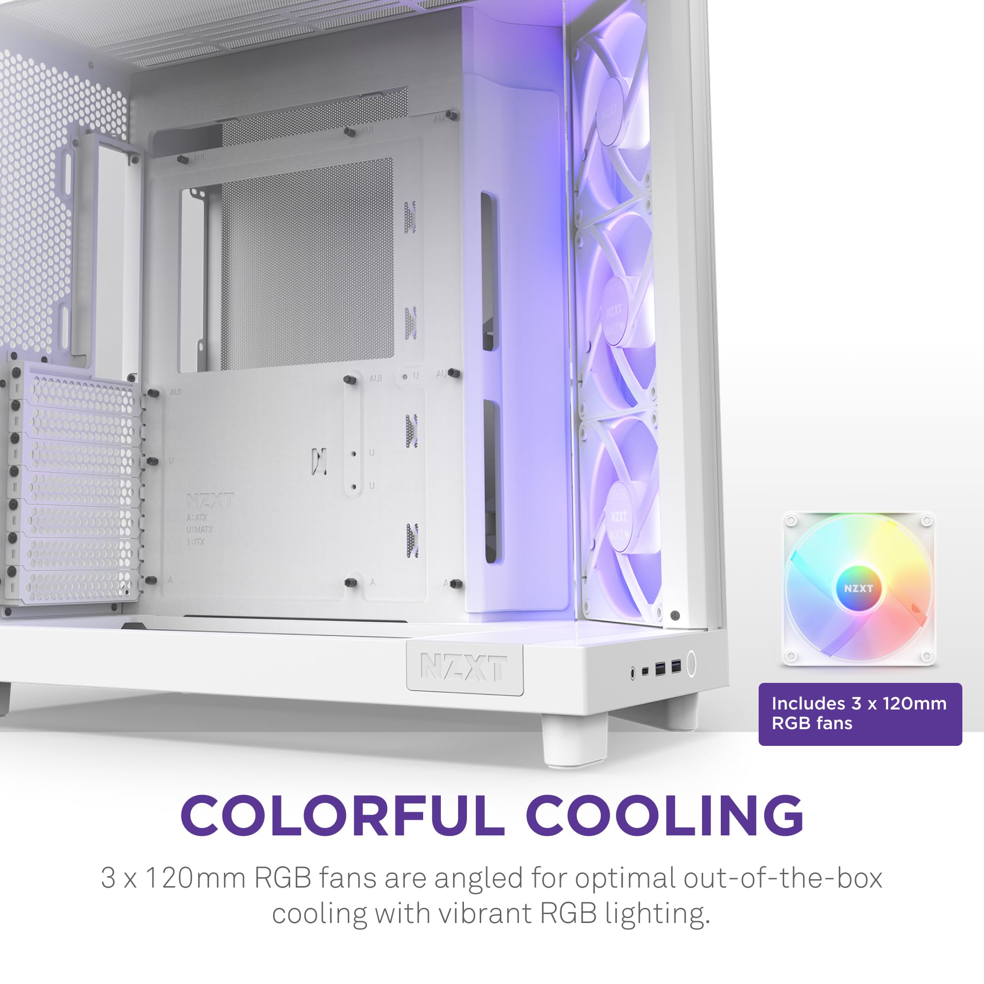 Nzxt H6 Flow Rgb Mid-Tower Airflow Case With 3 Rgb Fans, Panoramic Glass Panels, And Cable Management - White