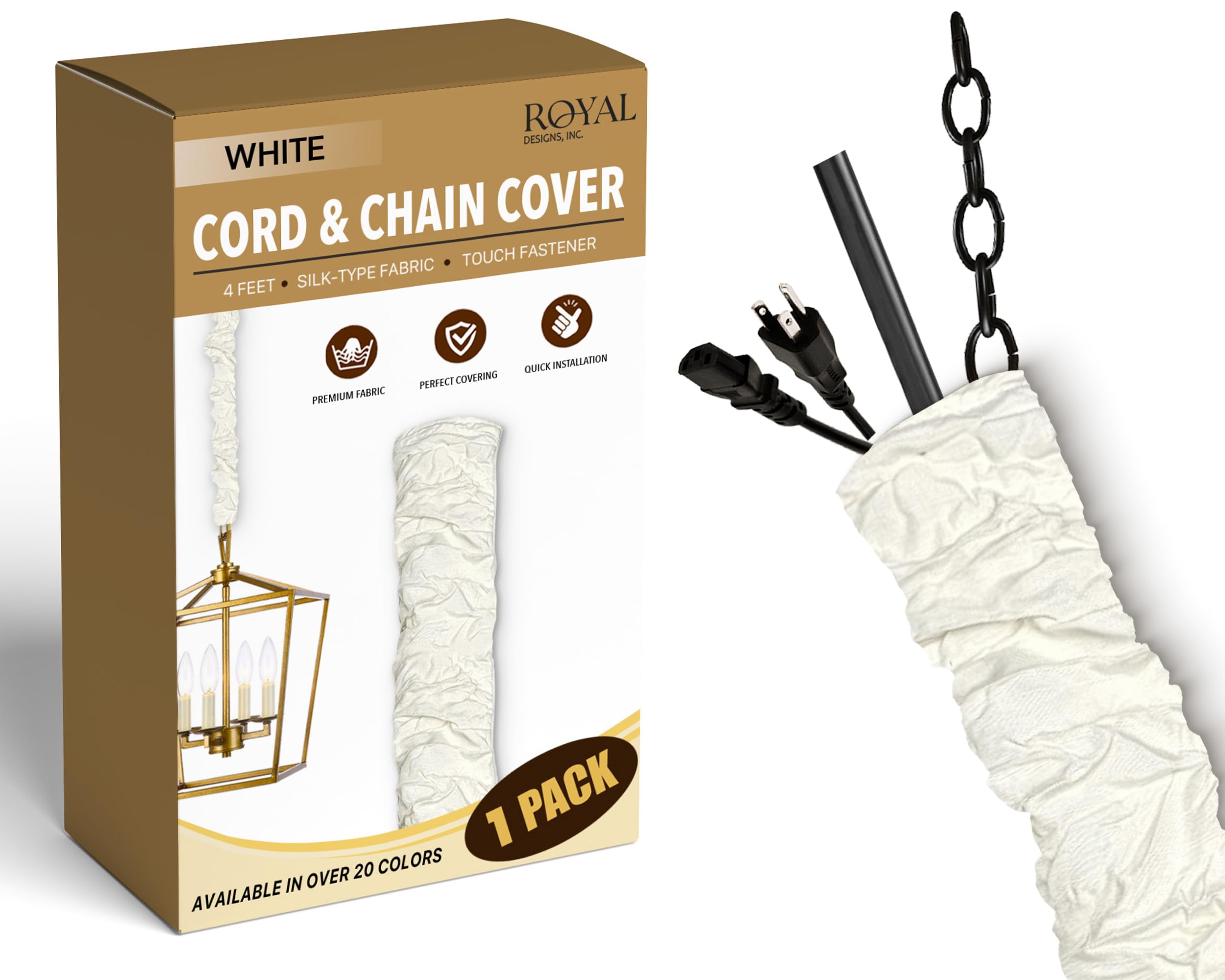 Royal Designs, Inc. Cord & Chain Cover 4 ft Silk Type Fabric, Chandelier Pendant Lighting Chain & Cable Management, Touch Fasten