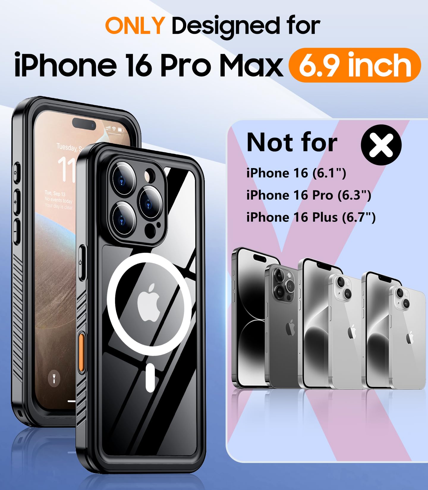 Temdan Magnetic For Iphone 16 Pro Max Case Waterproof,Built In Screen Protector[Ip68 Underwater][Upgrade Military Dropproof][Com