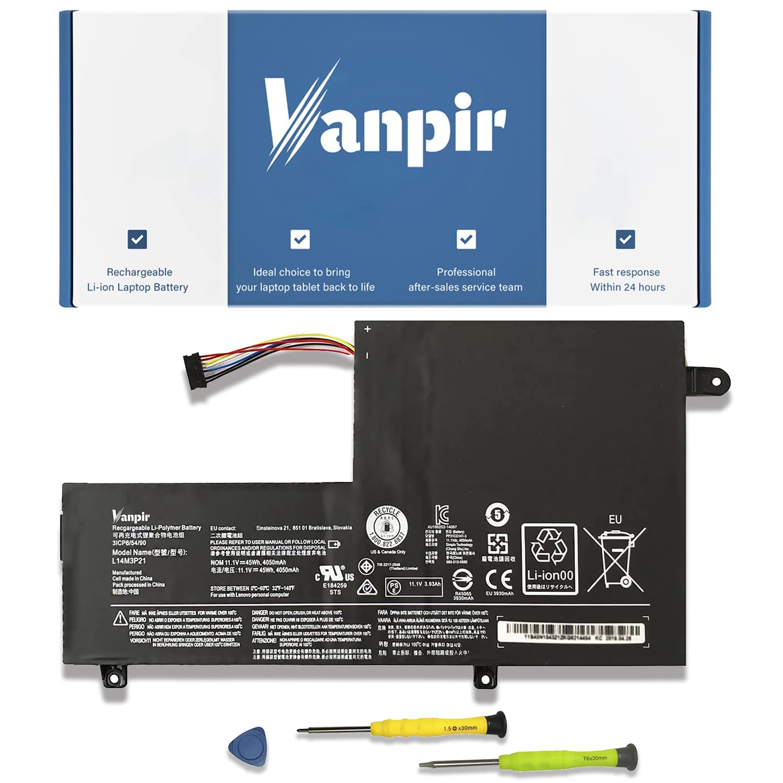 Vanpir L14M3P21 Laptop Battery 11.1V 45Wh 4050Mah Replacement For Lenovo Ideapad 310S 320S 500S 510S 520S Edge 2 1580 Flex 3 147