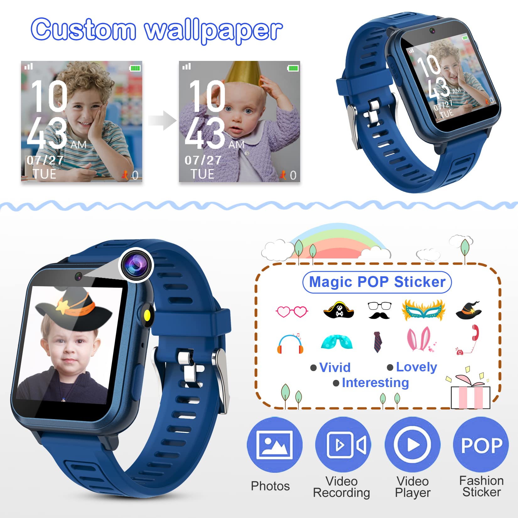 Smart Watch For Kids Boys, Kids Smart Watch Boys With 24 Games Alarm Clock Calendaring Camera Music Player Time Display Video &