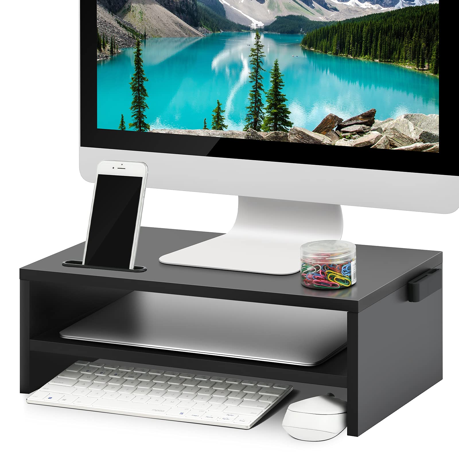 Marbrasse Monitor Stand Riser, 16.5 Inch 2 Tier Computer Printer Shelf Stand for Laptop Computer Screen Storage, Desktop Stand with Phone Holder and Cable Management Black