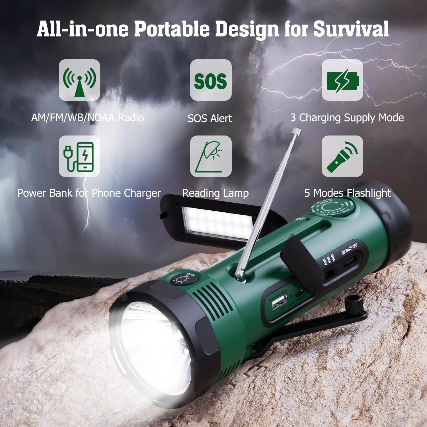 Pplee Emergency Solar Hand Crank Radio With 5 Led Flashlight For Survival, Noaa/Am/Fm Weather Alert Radio With Reading Lamp,Batt