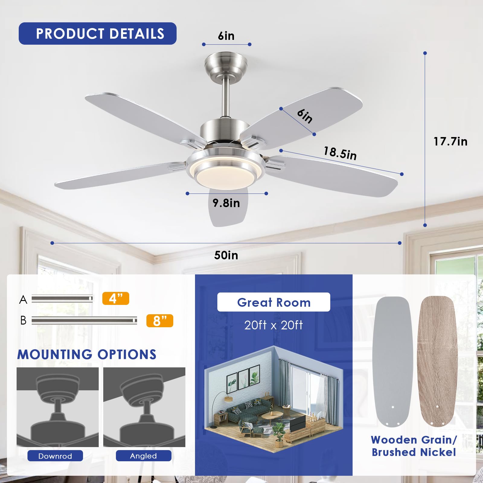 Ceiling Fans With Lights And Remote/App Control,50 Modern Ceiling Fan With Quiet Reversible Dc Motor, 5 Dual Finish Blades,Dimma