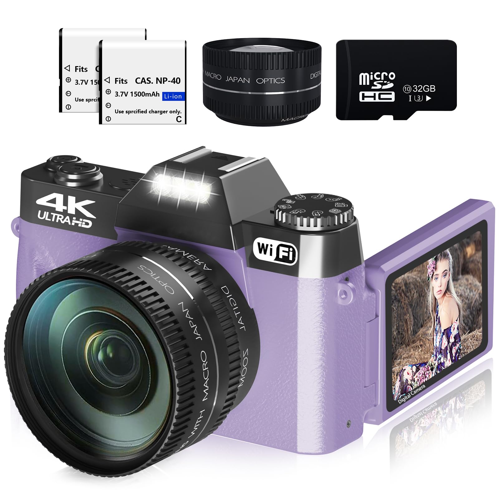 Digital Cameras For Photography, 4K 56Mp Vlogging Camera 16X Digital Zoom Manual Focus Rechargeable Students Compact Camera With 52Mm Wide Angle & Macro Lens, 32G Tf Card And 2 Batteries(Purple)