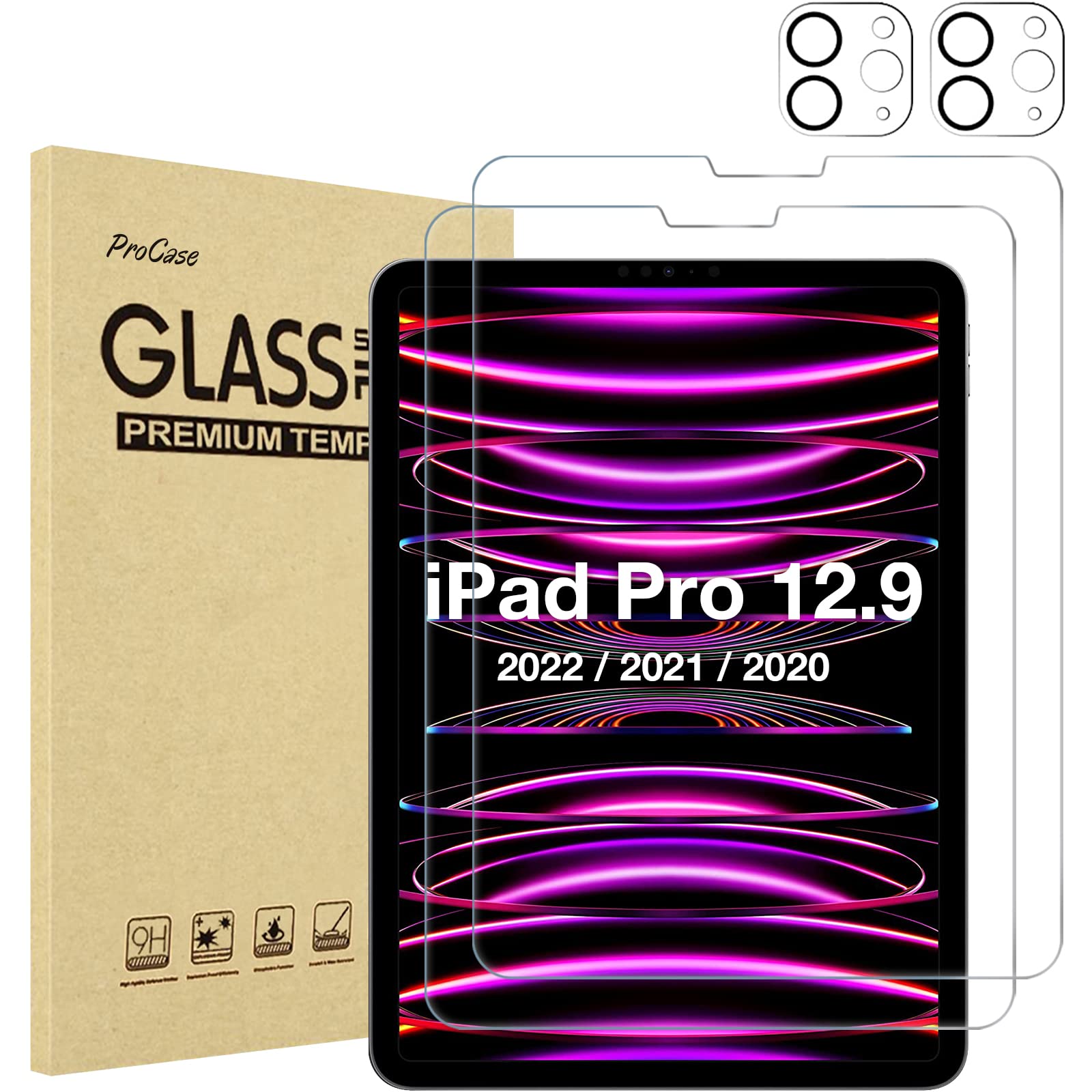 Procase 2+2 Pack Screen Protector For Ipad Pro 12.9 Inch 6Th 5Th 4Th Generation 2022 2021 2020 With Camera Lens Protector, Tempered Glass Film Guard For Ipad Pro 12.9'  Clear