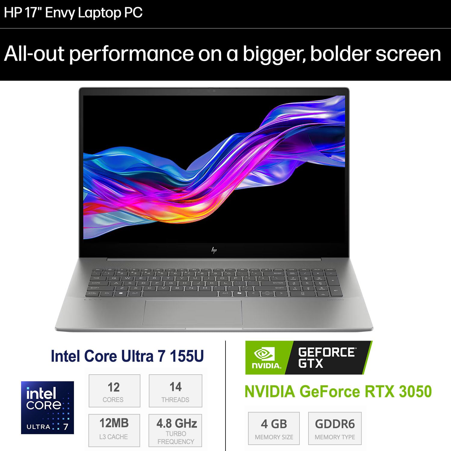 Hp Envy Laptop, 17.3'' Fhd Touchscreen, Intel Core Ultra 7 155U, Nvidia Geforce Rtx 3050, 32Gb Ddr5 Ram, 1Tb Ssd, Hdmi, Thunderb