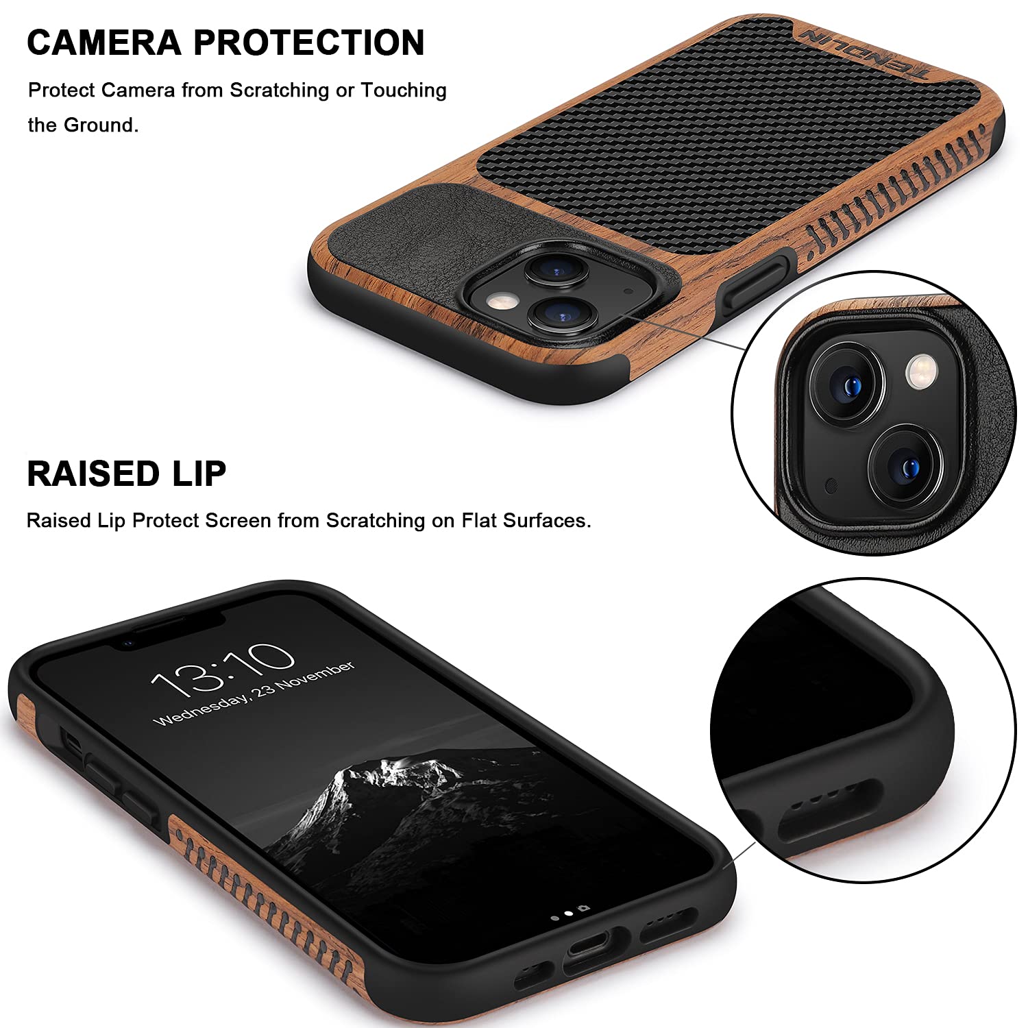 Tendlin Compatible With Iphone 13 Mini Case Wood Grain With Carbon Fiber Texture Design Leather Hybrid Case Compatible For Iphon