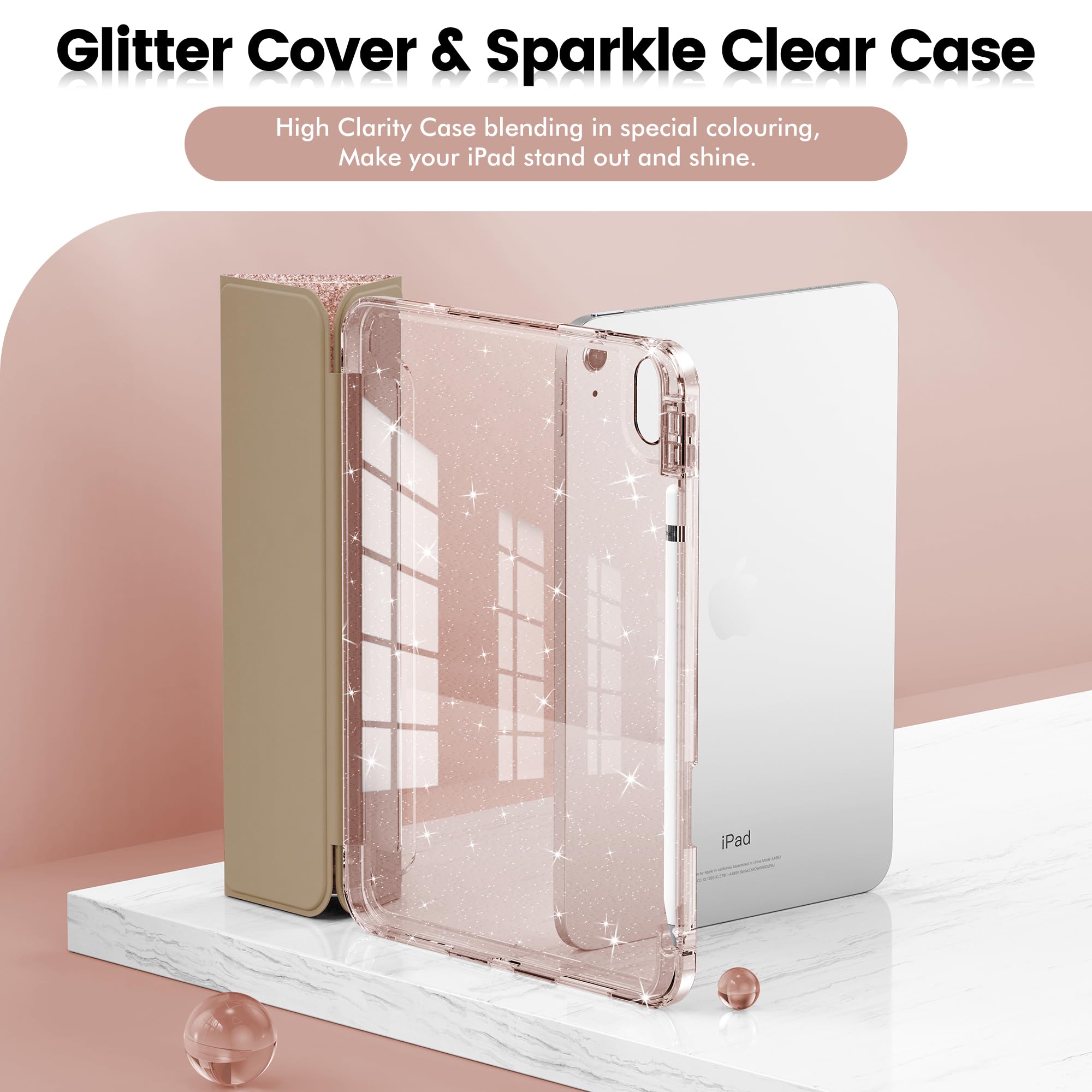 Infiland Compatible With Ipad 10Th Generation Case 10.9 Inch, Ipad A16 11 Inch 11Th Generation, Glitter Leather Cover With Sparkly Crystal Clear Back, Pencil Holder, Rose Gold