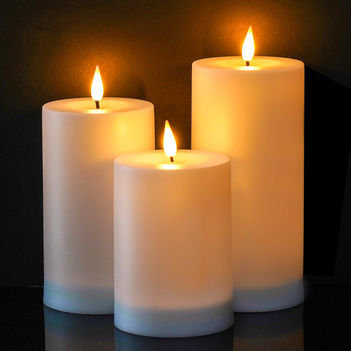 Viodaim Solar Candles Outdoor Waterproof: Flameless Flickering Pillar Led Candles Set Of 3 Dusk To Dawn Rechargeable Sensor Ligh