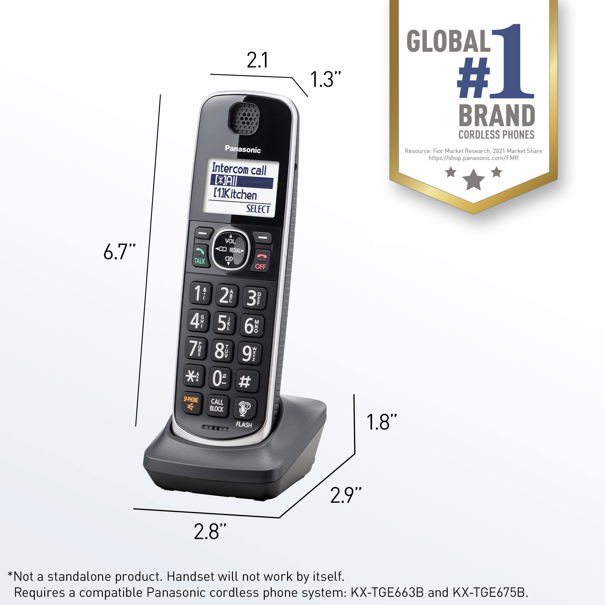 Panasonic Additional Cordless Phone Handset Compatible With Kx-Tge6X Series Cordless Phone Systems - Kx-Tgea61B (Black)