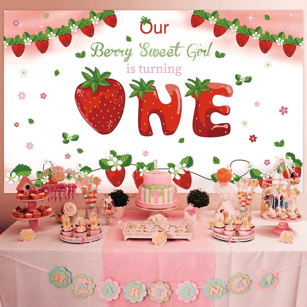 Strawberry 1St Birthday Backdrop For Girls, Our Berry Sweet Is Turning Baby Girls First Birthday Background, 42.9 X 70.2 Inches