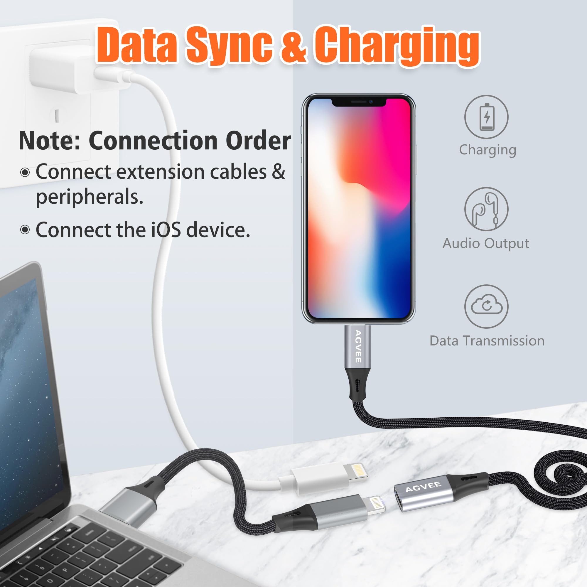 Agvee 2 Pack 1Ft Lightning Extension Cable, Braided Female To Male Extender Full Function Cord Compatible With Iphone Ipad, Data