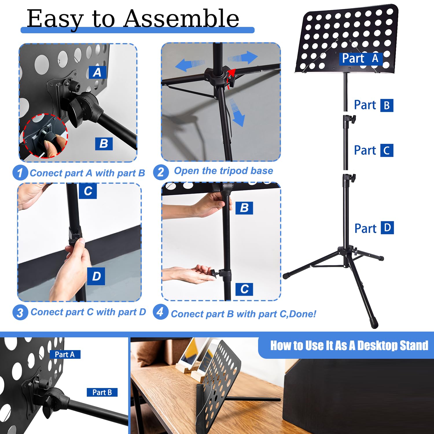 Sheet Music Stand With Light & Phone Holder, 57'' Music Stand For Sheet Music High Stability, Height Adjustable Music Sheet Stan