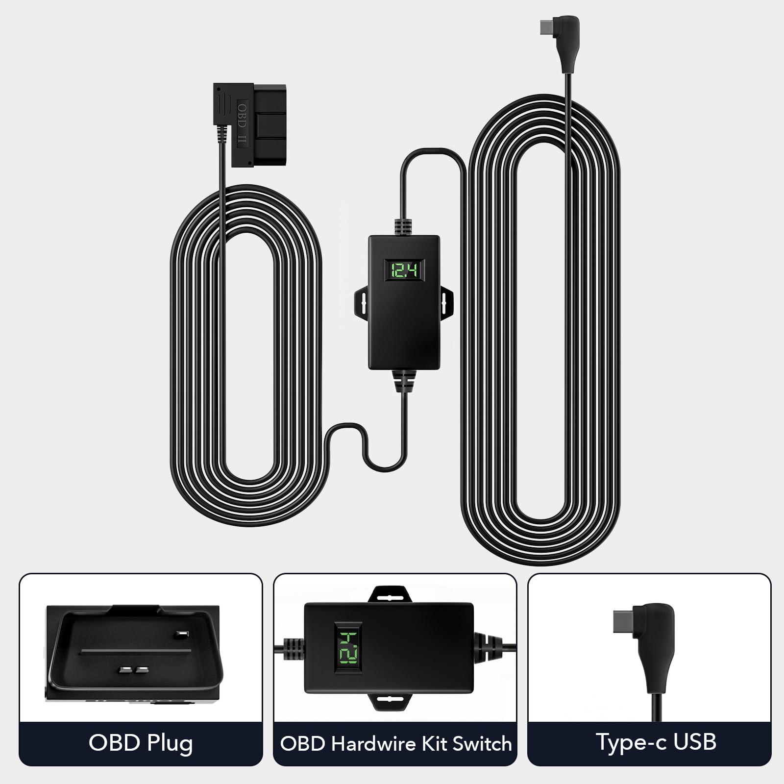 Redtiger Dash Cam Obd Hardwire Kit Power Cable Type Usb C Port,10Ft 12V 24V To 5V,For Dash Camera, Low Voltage Protection