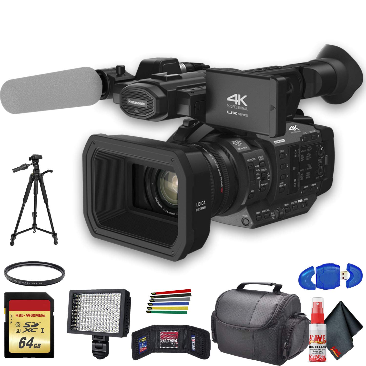 Panasonic AG-UX180 4K Professional Camcorder (AG-UX180PJ8) with UV Filter, Tripod, Padded Case, LED Light, 64GB Memory Card and 