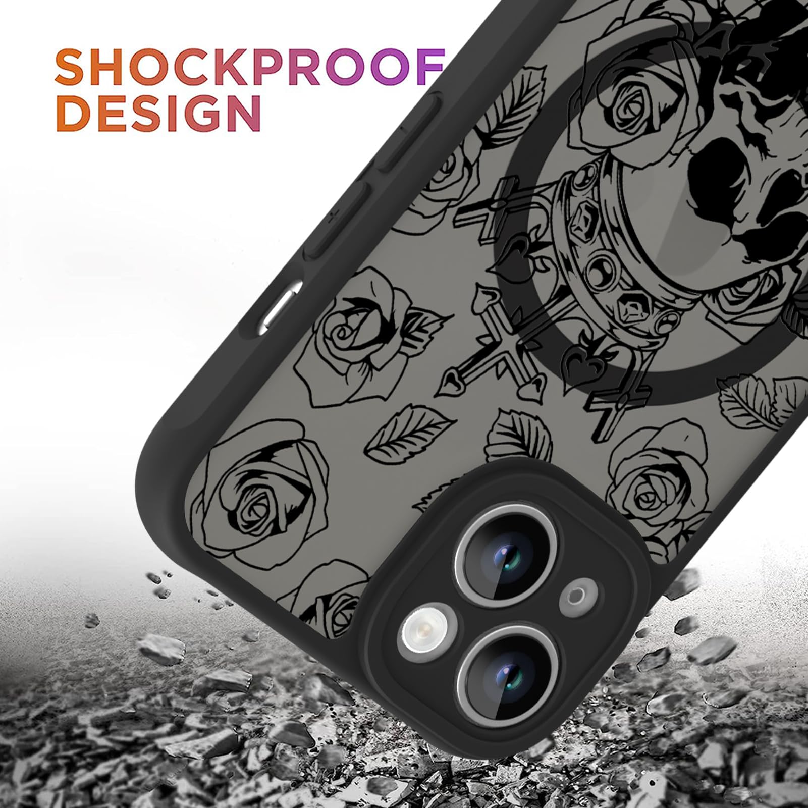 Ook Magnetic For Iphone 14 Plus Case Black Flower Skull Pattern [Compatible With Magsafe] Slim Translucent Matte Camera Lens Pro