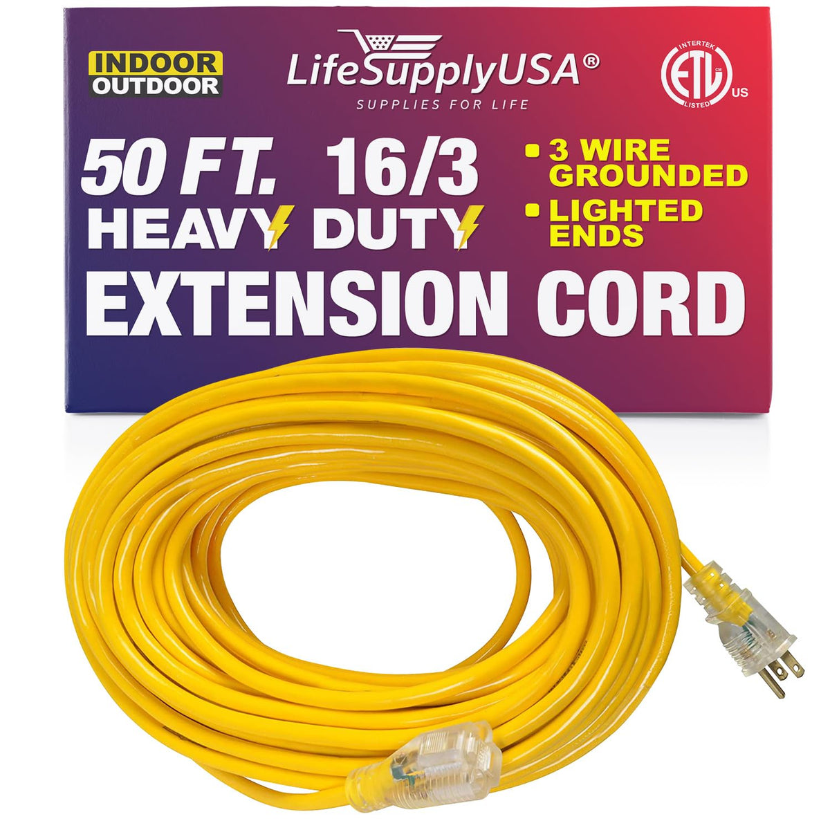 50 Ft Power Extension Cord Outdoor & Indoor Heavy Duty 16 Gauge/3 Prong Sjtw (Yellow) Lighted End Extra Durability 13 Amp 125 Vo