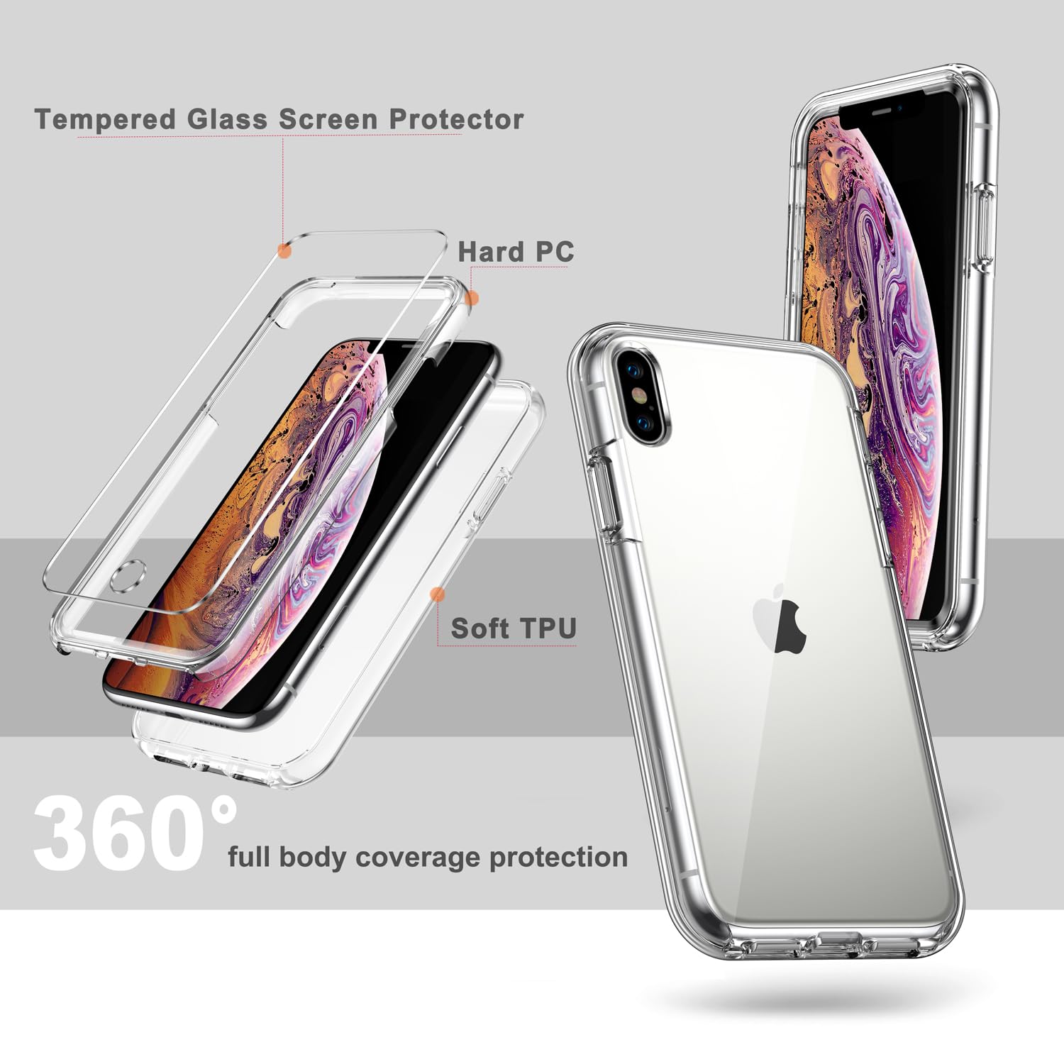 Coolqo Compatible For Iphone X/Xs Case [10 Ft Military Grade Drop Protection][2 X Tempered Glass Screen Protector][Dual Layer] H
