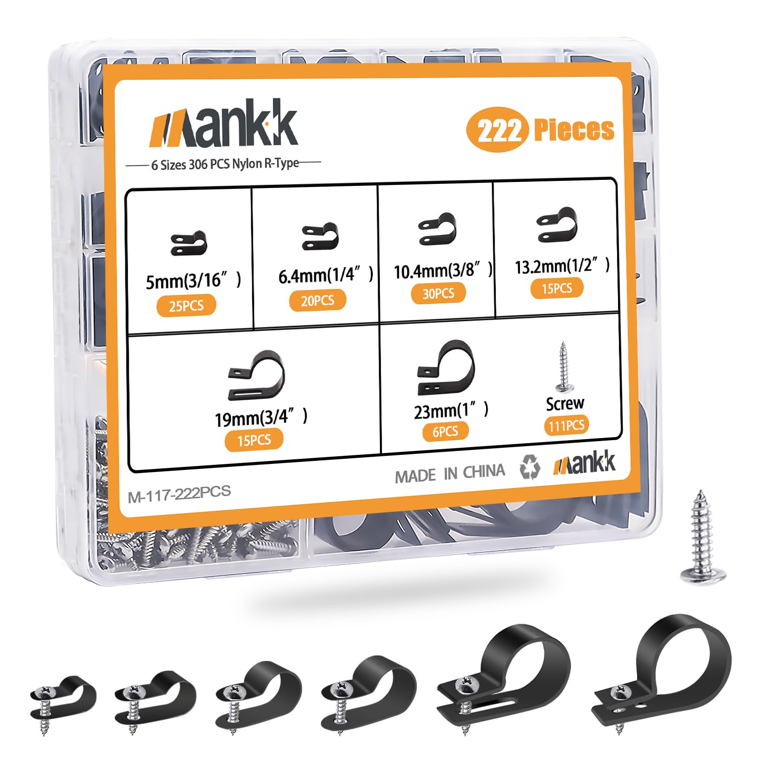 Mankk 222Pcs Cable Clips Wire Clips Assortment Kit Nylon Plastic R Type Cable Clamps 6 Sizes (3/16'' 1/4'' 3/8'' 1/2'' 3/4'' 1''
