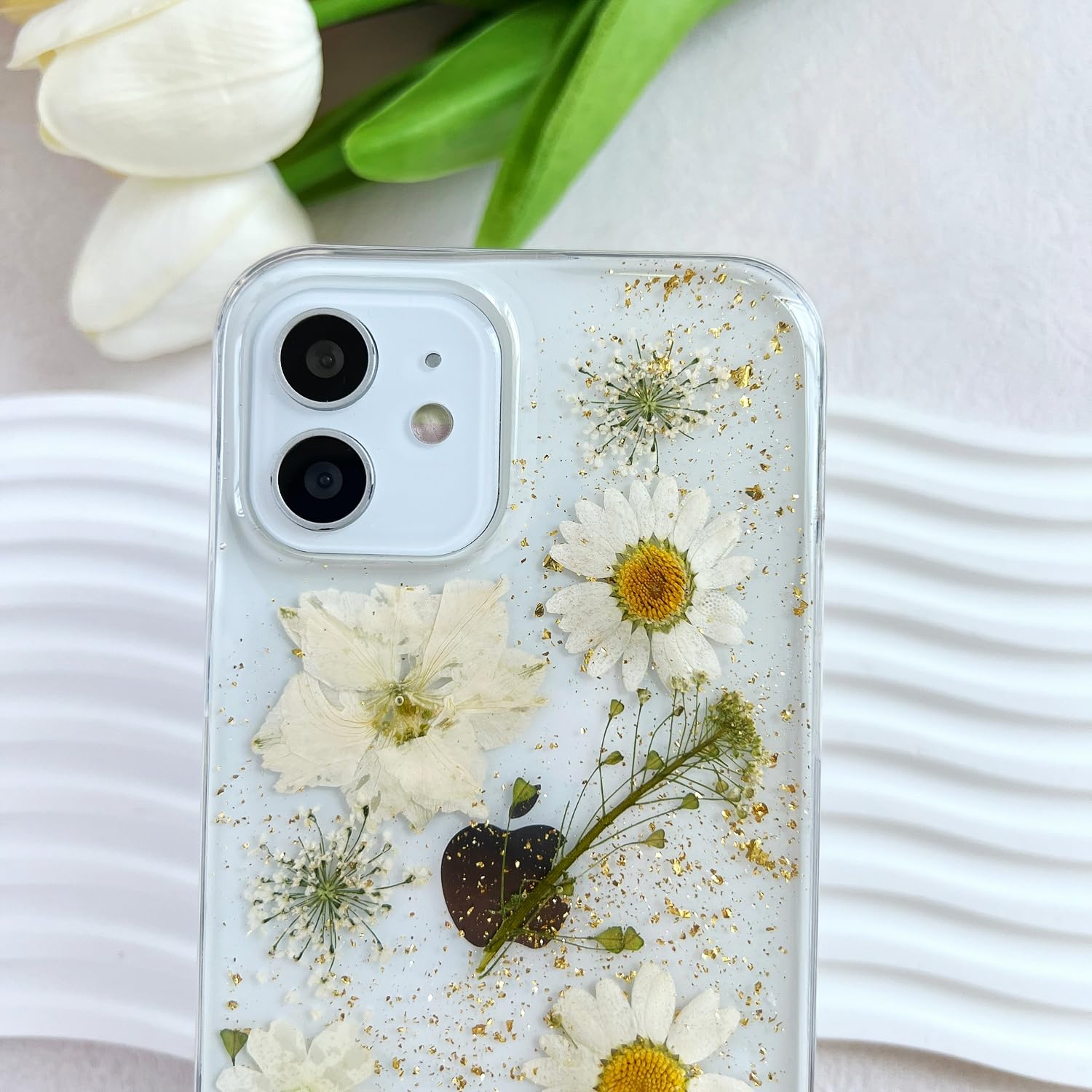 Lseeka For Iphone 12/ Iphone 12 Pro Clear Case With Pressed Real Flowers Design,Glitter Cute White Floral Pattern Slim Soft Tpu