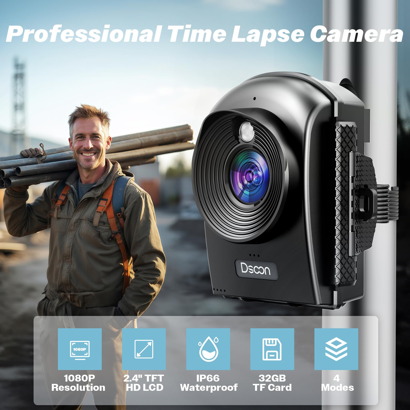 Dsoon Time Lapse Camera,1080P Hd Timelapse Camera Outdoor,110 Wide Angle & 2.4'' Lcd Screen,180 Days Standby For Record Construc