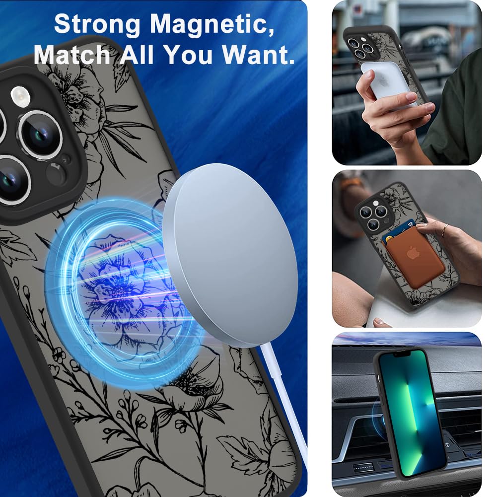 Ook Magnetic For Iphone 13 Pro Max Case Black Flower Floral Pattern [Compatible With Magsafe] Slim Translucent Matte Camera Lens