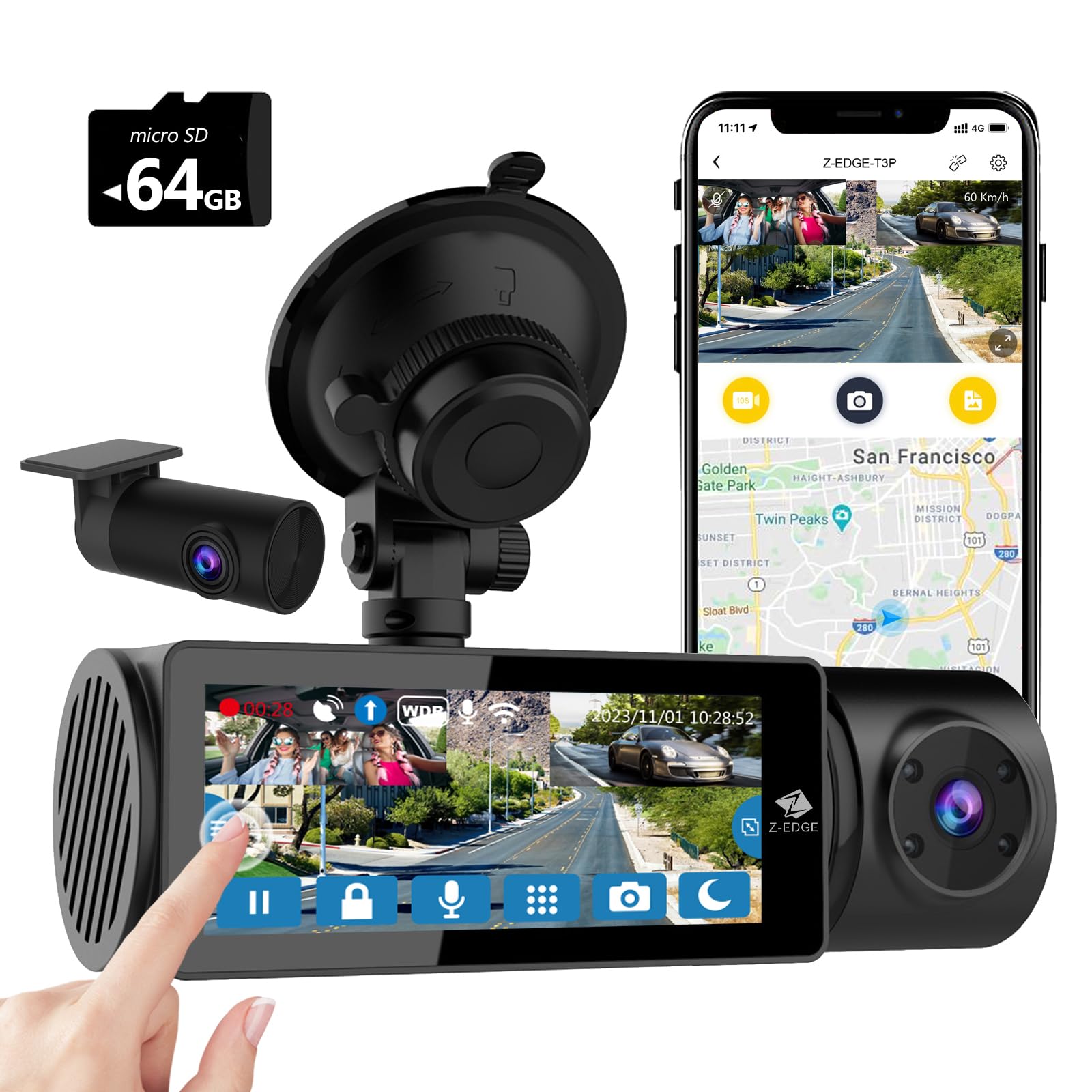 Z Edge T3P 4K Dash Cam Front And Rear, 4K 2160P+1080P Front And Inside, 5K Front Dash Cam, 2K 1440P+1080P+1080P Wifi Car Camera, Gps, Ir Night Vision, Super Capacitor, 64Gb Card Included